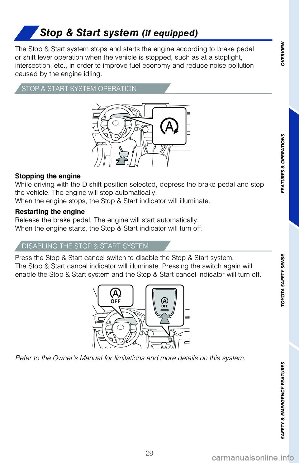 TOYOTA RAV4 2021 (in English) Owners Guide 29
OVERVIEW
FEATURES & OPERATIONS
TOYOTA SAFETY SENSE
SAFETY & EMERGENCY FEATURES
Stop & Start system (if equipped)
The Stop & Start system stops and starts the engine according to brake p\
edal
or s TOYOTA RAV4 2021 (in English) Owners Guide 29
OVERVIEW
FEATURES & OPERATIONS
TOYOTA SAFETY SENSE
SAFETY & EMERGENCY FEATURES
Stop & Start system (if equipped)
The Stop & Start system stops and starts the engine according to brake p\
edal
or s