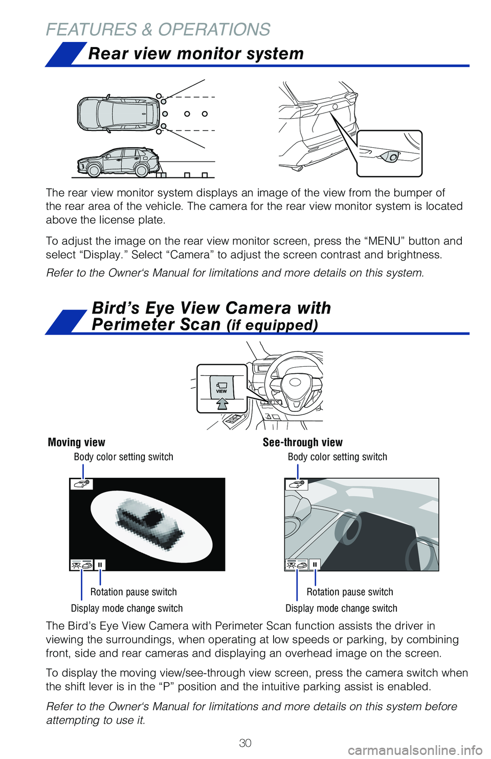 TOYOTA RAV4 2021 (in English) Owners Guide 30
FEATURES & OPERATIONSRear view monitor system
The rear view monitor system displays an image of the view from the bump\
er of
the rear area of the vehicle. The camera for the rear view monitor sys TOYOTA RAV4 2021 (in English) Owners Guide 30
FEATURES & OPERATIONSRear view monitor system
The rear view monitor system displays an image of the view from the bump\
er of
the rear area of the vehicle. The camera for the rear view monitor sys