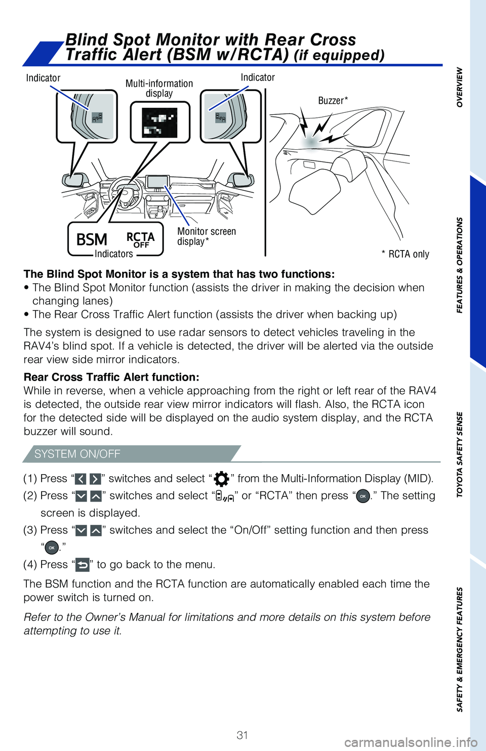TOYOTA RAV4 2021 (in English) Owners Guide 31
OVERVIEW
FEATURES & OPERATIONS
TOYOTA SAFETY SENSE
SAFETY & EMERGENCY FEATURES
The Blind Spot Monitor is a system that has two functions:
• The Blind Spot Monitor function (assists the driver in TOYOTA RAV4 2021 (in English) Owners Guide 31
OVERVIEW
FEATURES & OPERATIONS
TOYOTA SAFETY SENSE
SAFETY & EMERGENCY FEATURES
The Blind Spot Monitor is a system that has two functions:
• The Blind Spot Monitor function (assists the driver in