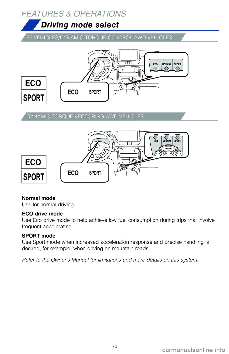 TOYOTA RAV4 2021 (in English) Owners Guide 34
FEATURES & OPERATIONSDriving mode select
FF VEHICLES/DYNAMIC TORQUE CONTROL AWD VEHICLES
DYNAMIC TORQUE VECTORING AWD VEHICLES
Normal mode
Use for normal driving.
ECO drive mode
Use Eco drive mode TOYOTA RAV4 2021 (in English) Owners Guide 34
FEATURES & OPERATIONSDriving mode select
FF VEHICLES/DYNAMIC TORQUE CONTROL AWD VEHICLES
DYNAMIC TORQUE VECTORING AWD VEHICLES
Normal mode
Use for normal driving.
ECO drive mode
Use Eco drive mode
