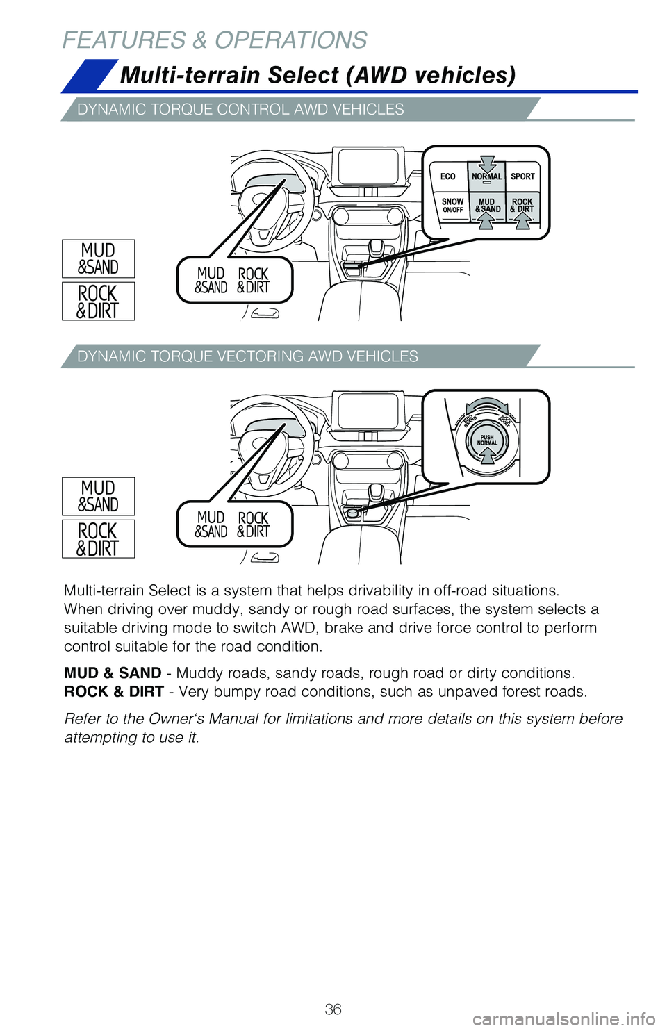 TOYOTA RAV4 2021 (in English) Owners Guide 36
FEATURES & OPERATIONSMulti-terrain Select (AWD vehicles)
Multi-terrain Select is a system that helps drivability in off-road situ\
ations.
When driving over muddy, sandy or rough road surfaces, the TOYOTA RAV4 2021 (in English) Owners Guide 36
FEATURES & OPERATIONSMulti-terrain Select (AWD vehicles)
Multi-terrain Select is a system that helps drivability in off-road situ\
ations.
When driving over muddy, sandy or rough road surfaces, the