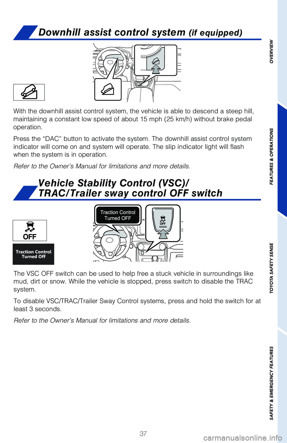 TOYOTA RAV4 2021 (in English) Owners Guide 37
OVERVIEW
FEATURES & OPERATIONS
TOYOTA SAFETY SENSE
SAFETY & EMERGENCY FEATURES
Downhill assist control system (if equipped)
With the downhill assist control system, the vehicle is able to descend a TOYOTA RAV4 2021 (in English) Owners Guide 37
OVERVIEW
FEATURES & OPERATIONS
TOYOTA SAFETY SENSE
SAFETY & EMERGENCY FEATURES
Downhill assist control system (if equipped)
With the downhill assist control system, the vehicle is able to descend a