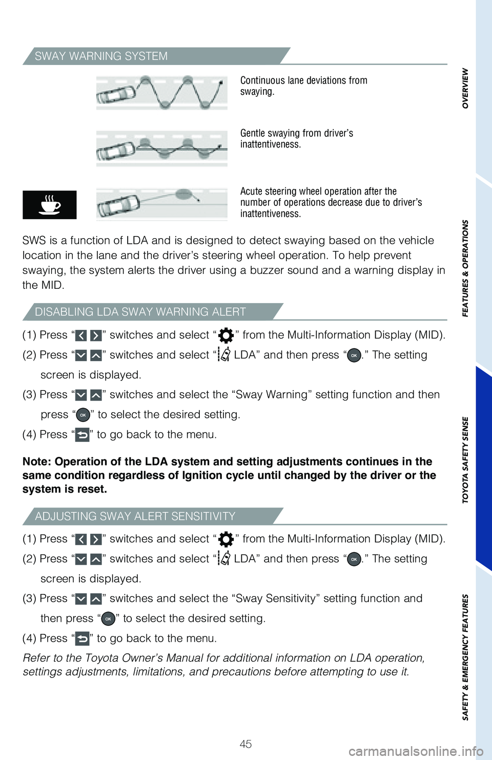 TOYOTA RAV4 2021  Owners Manual (in English) 45
SWAY WARNING SYSTEM
ADJUSTING SWAY ALERT SENSITIVITY
DISABLING LDA SWAY WARNING ALERT
OVERVIEW
FEATURES & OPERATIONS
TOYOTA SAFETY SENSE
SAFETY & EMERGENCY FEATURES
SWS is a function of LDA and is 