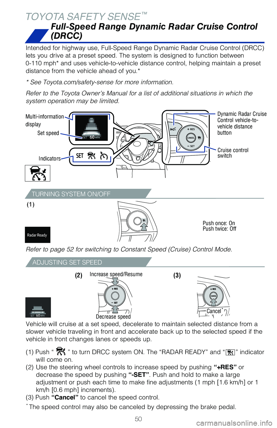 TOYOTA RAV4 2021 (in English) Workshop Manual 50
TOYOTA SAFETY SENSE™
TURNING SYSTEM ON/OFF
(1)
Push once: On
Push twice: Off
Full-Speed Range Dynamic Radar Cruise Control
(DRCC)
Intended for highway use, Full-Speed Range Dynamic Radar Cruise TOYOTA RAV4 2021 (in English) Workshop Manual 50
TOYOTA SAFETY SENSE™
TURNING SYSTEM ON/OFF
(1)
Push once: On
Push twice: Off
Full-Speed Range Dynamic Radar Cruise Control
(DRCC)
Intended for highway use, Full-Speed Range Dynamic Radar Cruise