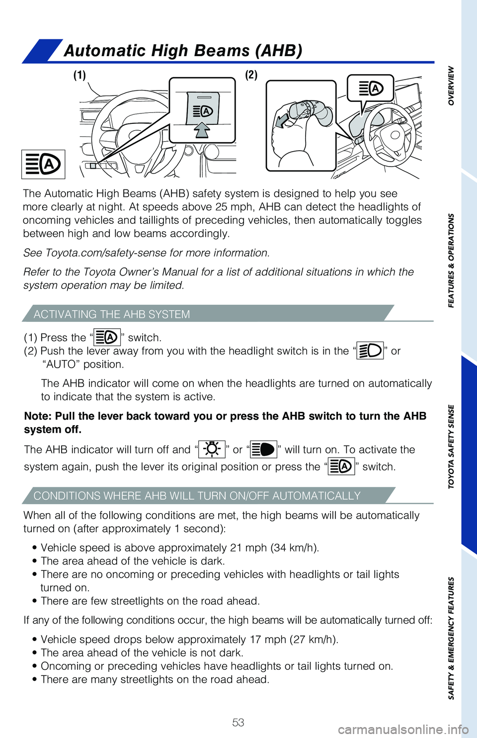 TOYOTA RAV4 2021 (in English) Workshop Manual 53
OVERVIEW
FEATURES & OPERATIONS
TOYOTA SAFETY SENSE
SAFETY & EMERGENCY FEATURES
Automatic High Beams (AHB)
ACTIVATING THE AHB SYSTEM
CONDITIONS WHERE AHB WILL TURN ON/OFF AUTOMATICALLY
When all of t TOYOTA RAV4 2021 (in English) Workshop Manual 53
OVERVIEW
FEATURES & OPERATIONS
TOYOTA SAFETY SENSE
SAFETY & EMERGENCY FEATURES
Automatic High Beams (AHB)
ACTIVATING THE AHB SYSTEM
CONDITIONS WHERE AHB WILL TURN ON/OFF AUTOMATICALLY
When all of t