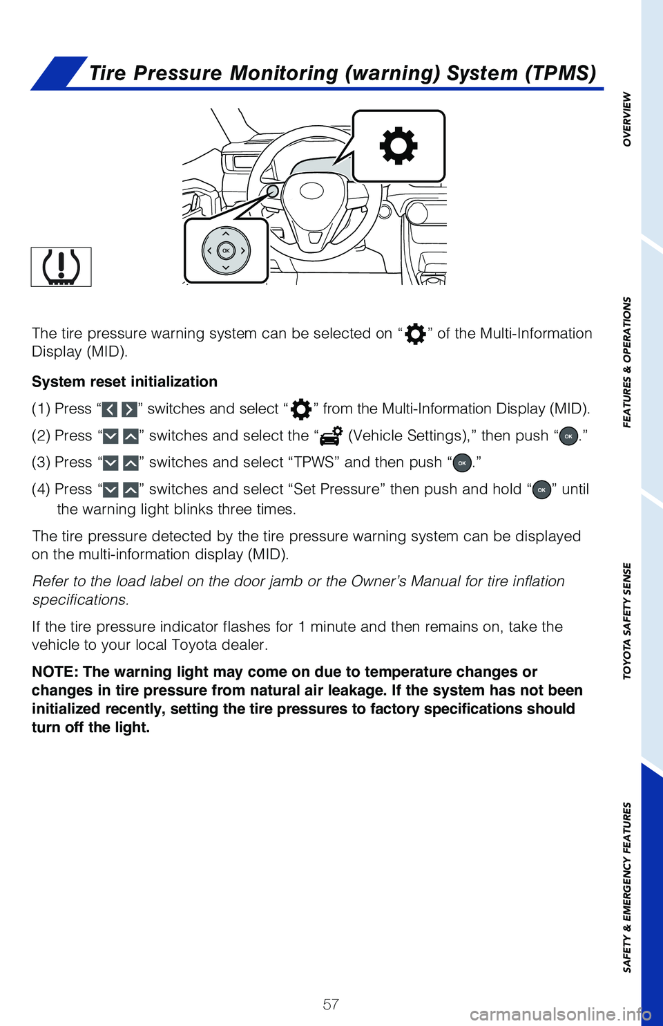 TOYOTA RAV4 2021 (in English) Workshop Manual 57
OVERVIEW
FEATURES & OPERATIONS
TOYOTA SAFETY SENSE
SAFETY & EMERGENCY FEATURES
Tire Pressure Monitoring (warning) System (TPMS)
The tire pressure warning system can be selected on “” of the Mu TOYOTA RAV4 2021 (in English) Workshop Manual 57
OVERVIEW
FEATURES & OPERATIONS
TOYOTA SAFETY SENSE
SAFETY & EMERGENCY FEATURES
Tire Pressure Monitoring (warning) System (TPMS)
The tire pressure warning system can be selected on “” of the Mu