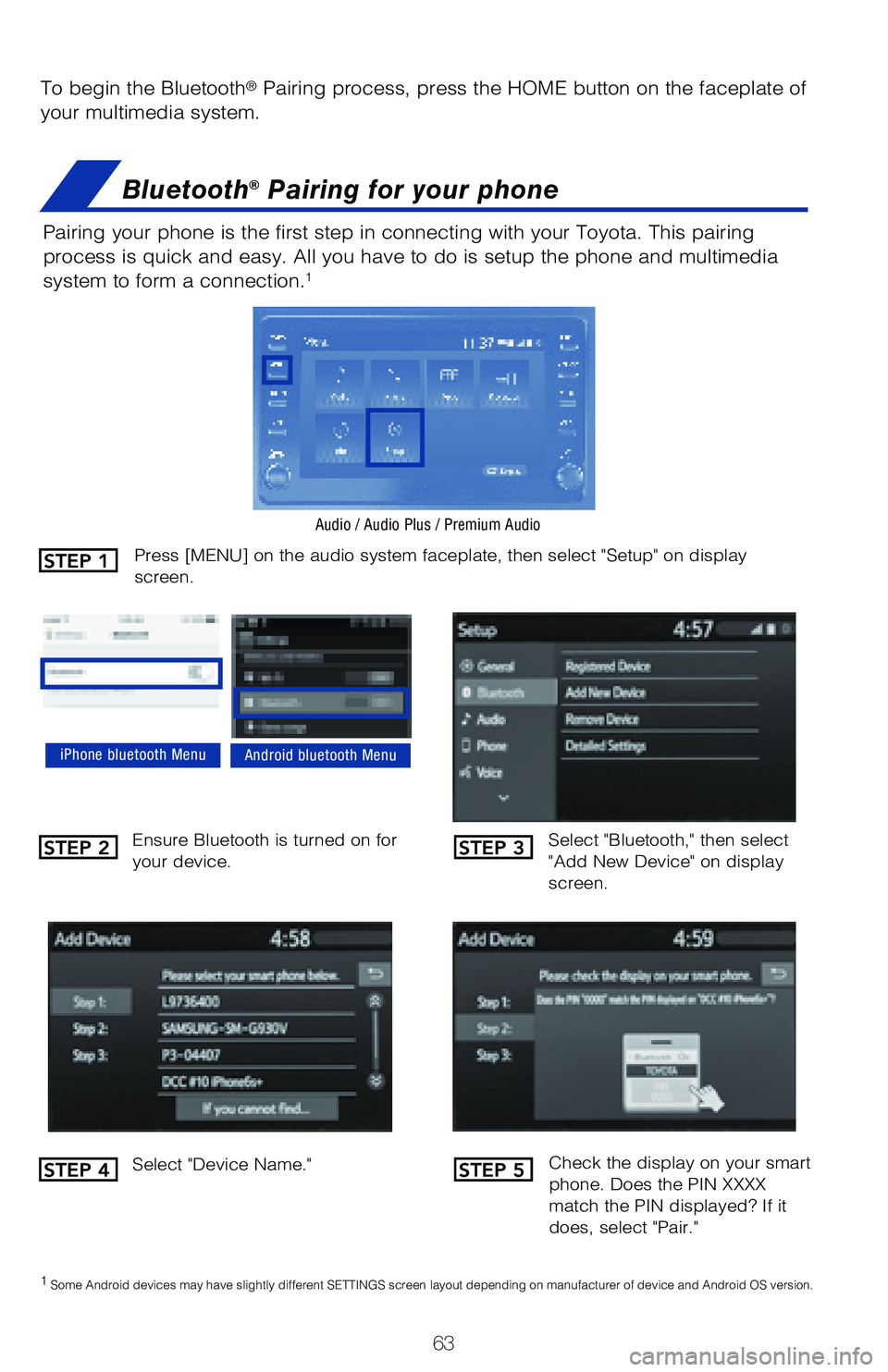 TOYOTA RAV4 2021 (in English) Repair Manual 63
To begin the Bluetooth® Pairing process, press the HOME button on the faceplate of
your multimedia system.
Bluetooth® Pairing for your phone
Pairing your phone is the first step in connecting wi TOYOTA RAV4 2021 (in English) Repair Manual 63
To begin the Bluetooth® Pairing process, press the HOME button on the faceplate of
your multimedia system.
Bluetooth® Pairing for your phone
Pairing your phone is the first step in connecting wi