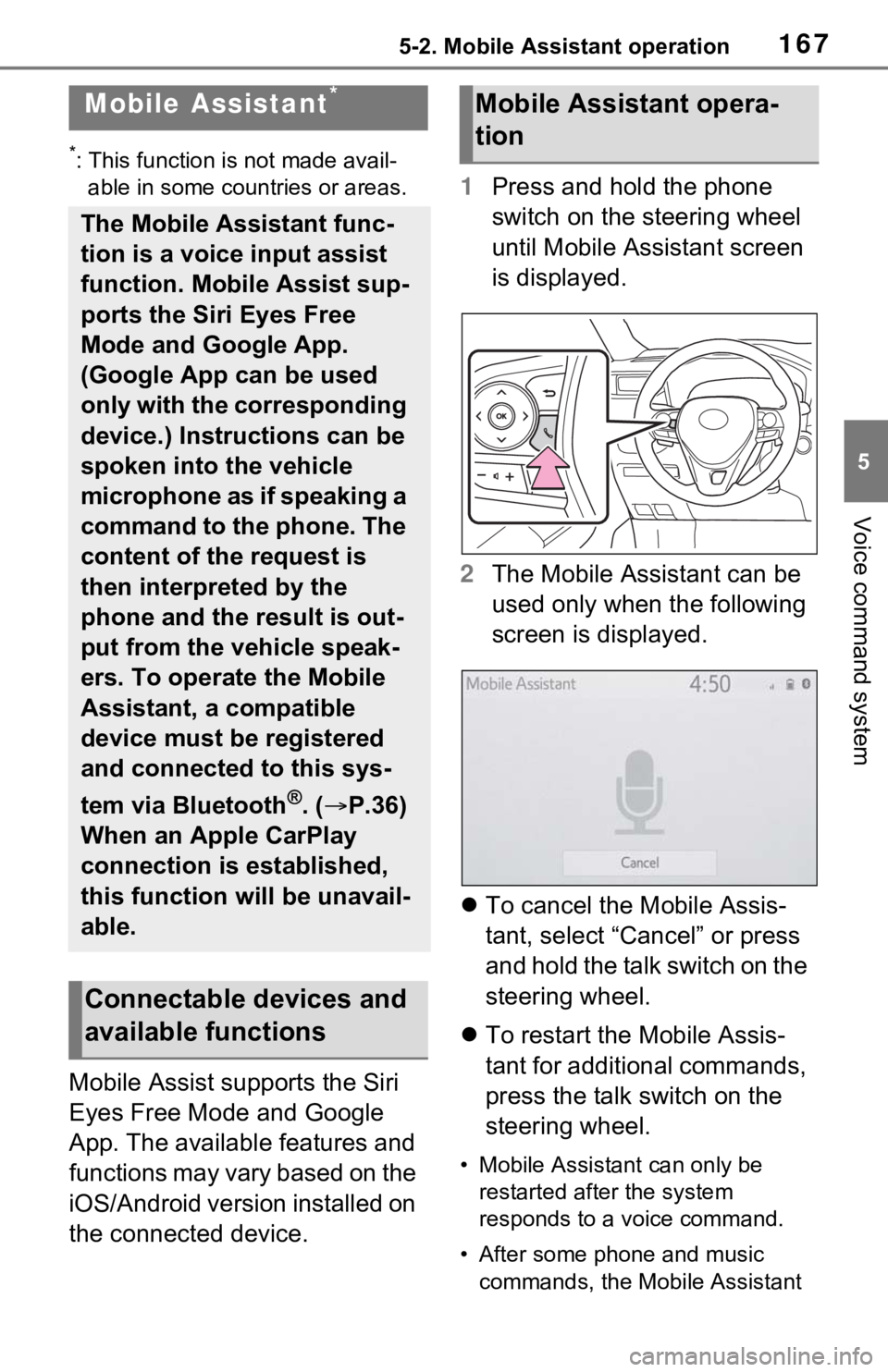 TOYOTA RAV4 2021 Accessories, Audio & Navigation (in English) 1675-2. Mobile Assistant operation
5
Voice command system
5-2.Mobile Assistant operation
*: This function is not made avail-
able in some countries or areas.
Mobile Assist supports the Siri
Eyes Free TOYOTA RAV4 2021 Accessories, Audio & Navigation (in English) 1675-2. Mobile Assistant operation
5
Voice command system
5-2.Mobile Assistant operation
*: This function is not made avail-
able in some countries or areas.
Mobile Assist supports the Siri
Eyes Free
