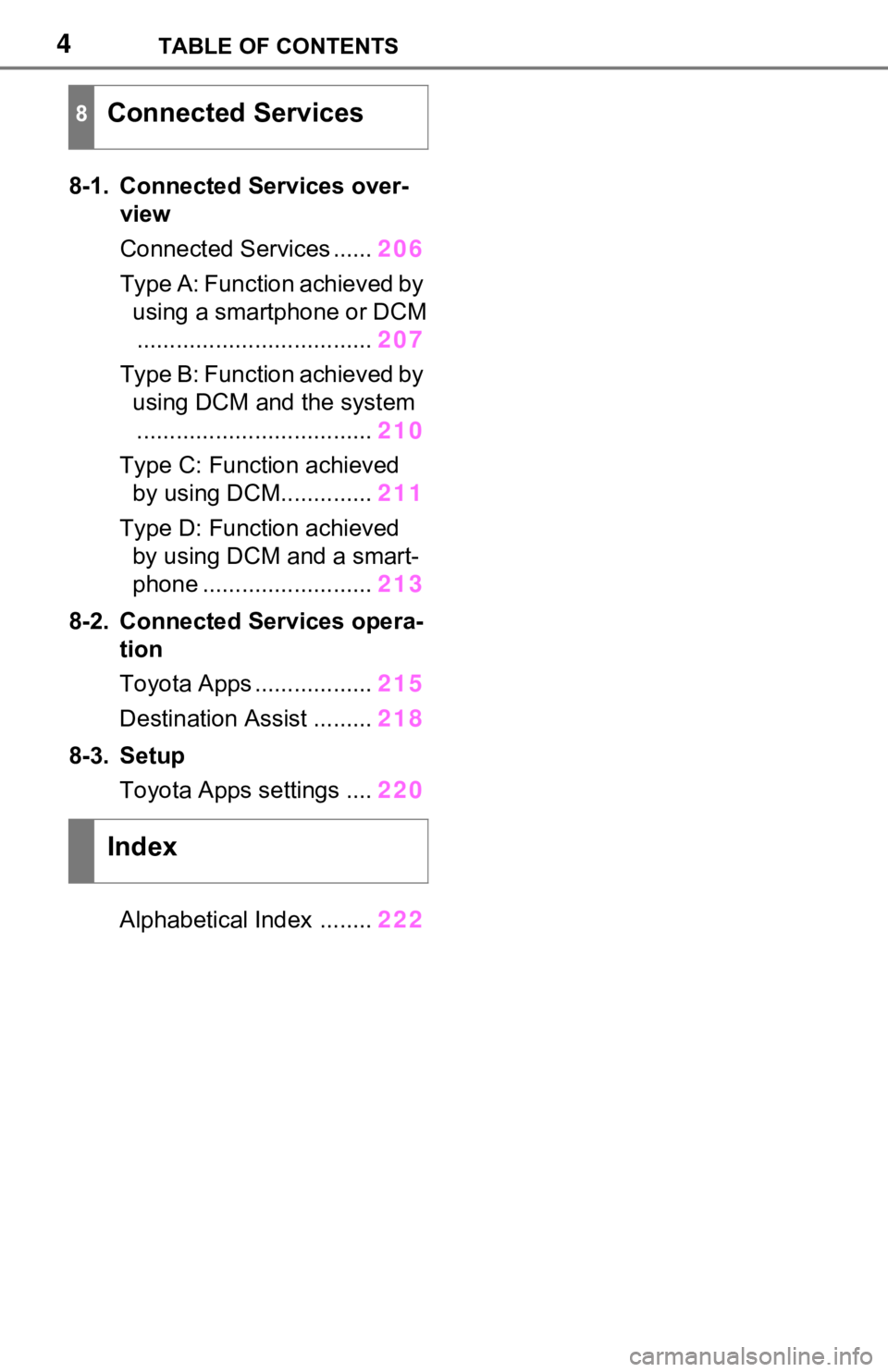 TOYOTA RAV4 2021  Accessories, Audio & Navigation (in English) 4TABLE OF CONTENTS
8-1. Connected Services over-view
Connected Services ...... 206
Type A: Function achieved by  using a smartphone or DCM
.................................... 207
Type B: Function ach