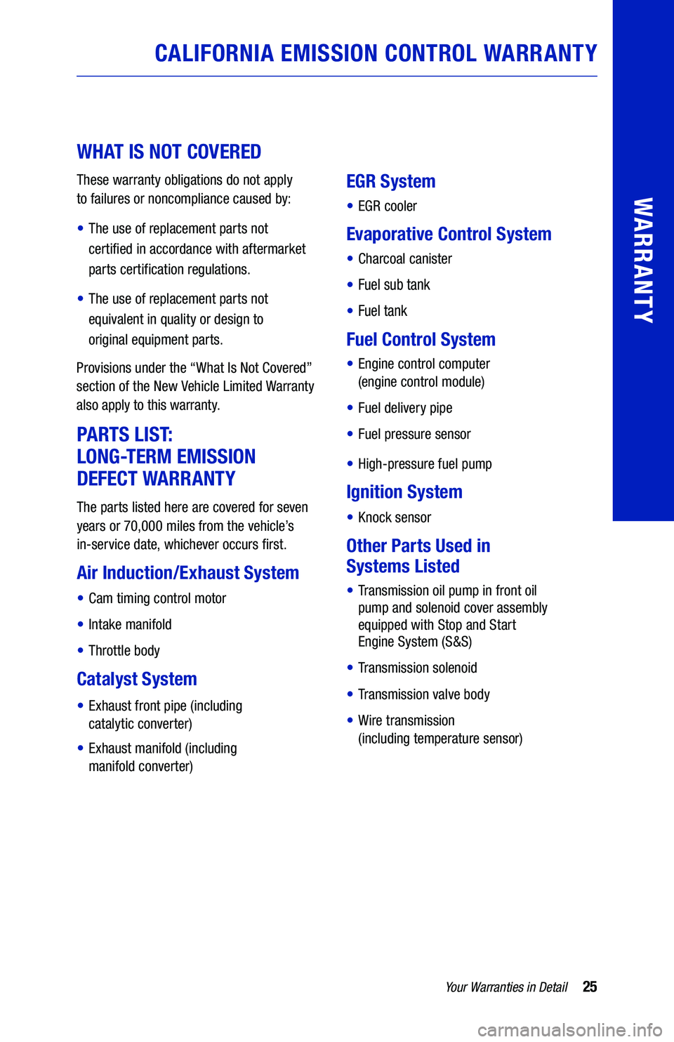 TOYOTA RAV4 2021 Warranties & Maintenance Guides (in English) 25Your Warranties in Detail
WARRANTY
WHAT IS NOT COVERED
These warranty obligations do not apply
to failures or noncompliance caused by:
• The use of replacement parts not
certified in a TOYOTA RAV4 2021 Warranties & Maintenance Guides (in English) 25Your Warranties in Detail
WARRANTY
WHAT IS NOT COVERED
These warranty obligations do not apply
to failures or noncompliance caused by:
• The use of replacement parts not
certified in a
