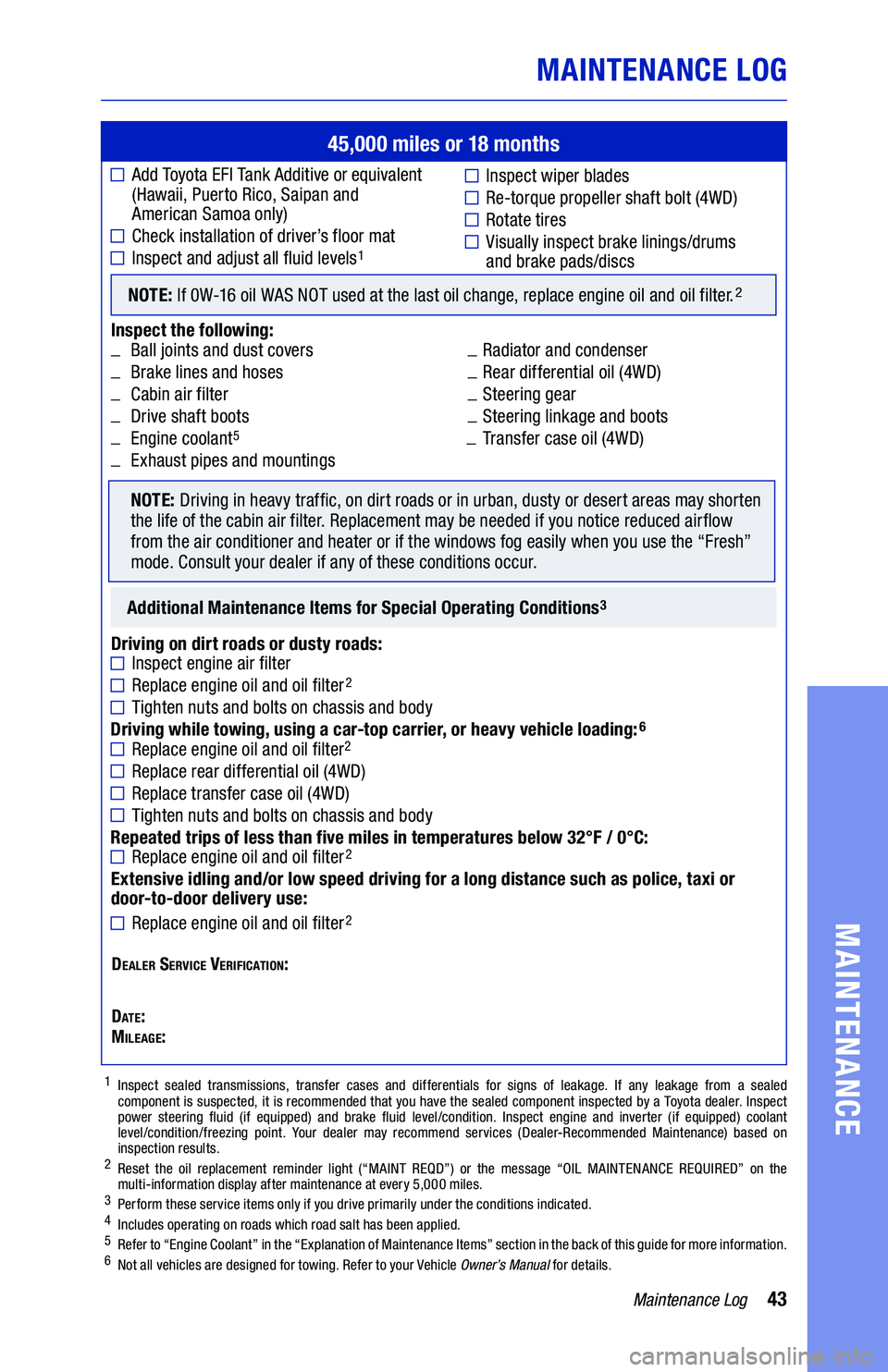 TOYOTA RAV4 2021 Warranties & Maintenance Guides (in English) 43Maintenance Log
MAINTENANCE LOG
MAINTENANCE
1 Inspect sealed transmissions, transfer cases and differentials for signs of leakage. If any leakage from a sealed
component is suspected, it is recomm TOYOTA RAV4 2021 Warranties & Maintenance Guides (in English) 43Maintenance Log
MAINTENANCE LOG
MAINTENANCE
1 Inspect sealed transmissions, transfer cases and differentials for signs of leakage. If any leakage from a sealed
component is suspected, it is recomm