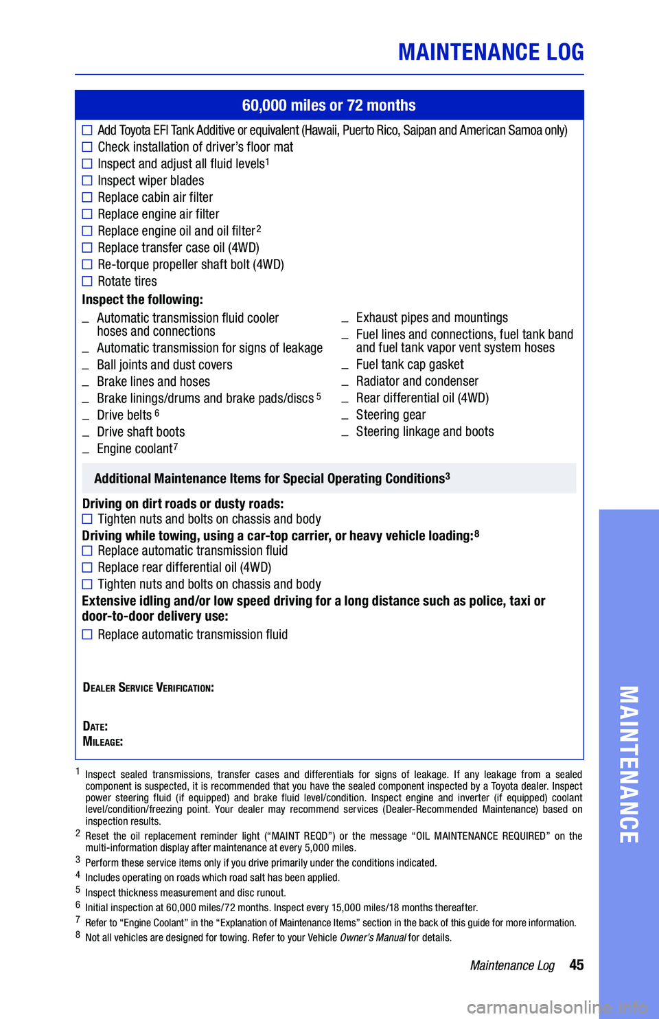 TOYOTA RAV4 2021  Warranties & Maintenance Guides (in English) 45Maintenance Log
MAINTENANCE  LOG
MAINTENANCE
60,000 miles or 72 months
	
■ Add  Toyota EFI Tank Additive or equivalent (Hawaii, Puerto Rico, Saipan and American Samoa only)
	
■����� �