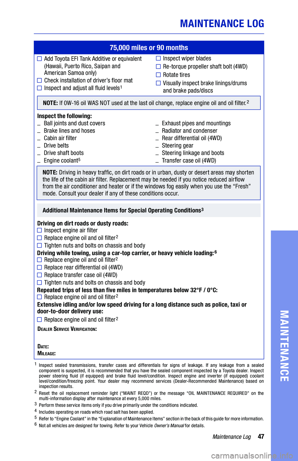 TOYOTA RAV4 2021 Warranties & Maintenance Guides (in English) 47Maintenance Log
75,000 miles or 90 months
■
Add Toyota EFI Tank Additive or equivalent
(Hawaii, Puerto Rico, Saipan and
American Samoa only)
■����� ��������� TOYOTA RAV4 2021 Warranties & Maintenance Guides (in English) 47Maintenance Log
75,000 miles or 90 months
■
Add Toyota EFI Tank Additive or equivalent
(Hawaii, Puerto Rico, Saipan and
American Samoa only)
■����� ���������