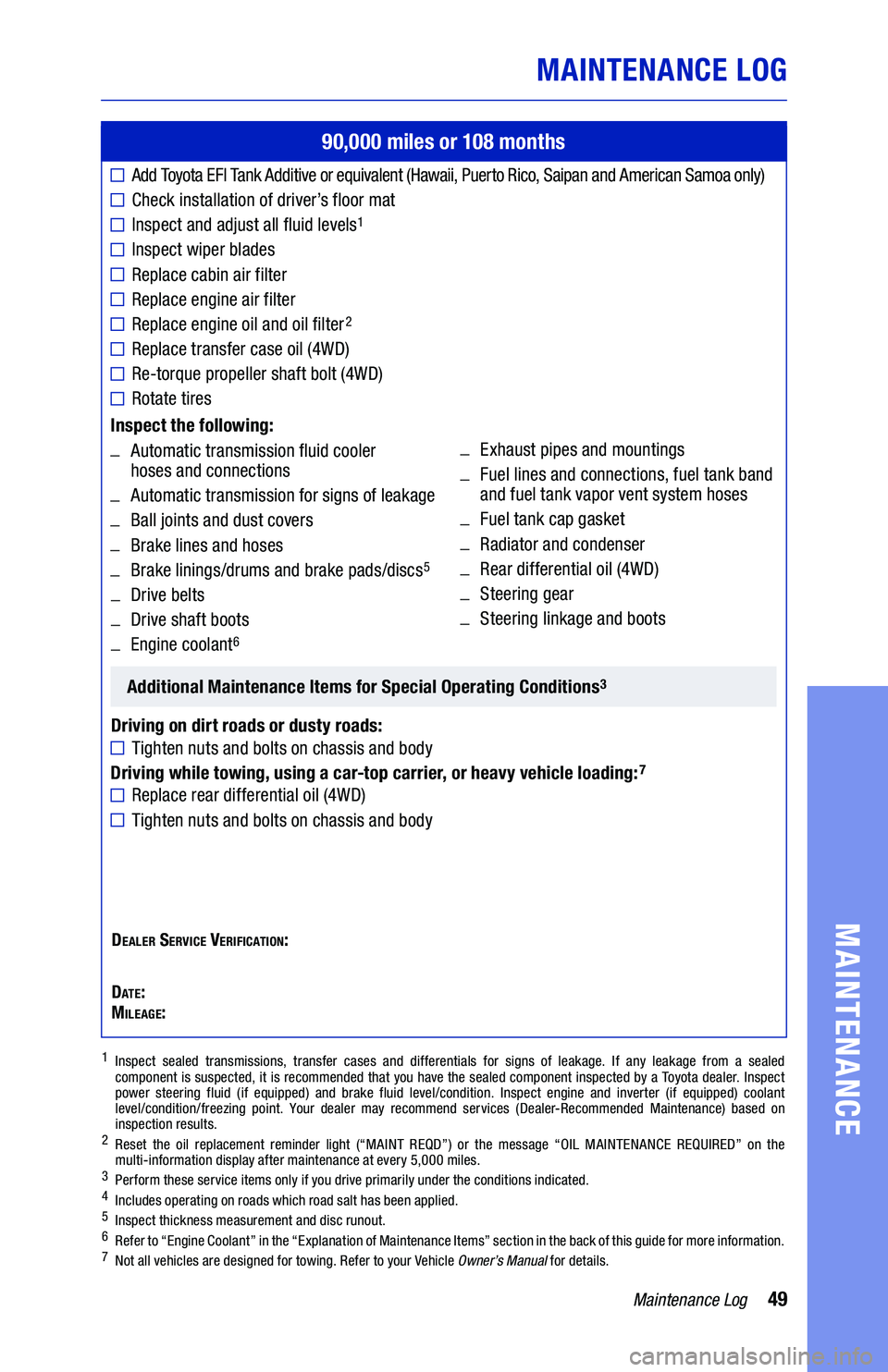 TOYOTA RAV4 2021 Warranties & Maintenance Guides (in English) 49Maintenance Log
MAINTENANCE LOG
MAINTENANCE
1 Inspect sealed transmissions, transfer cases and differentials for signs of leakage. If any leakage from a sealed
component is suspected, it is recom TOYOTA RAV4 2021 Warranties & Maintenance Guides (in English) 49Maintenance Log
MAINTENANCE LOG
MAINTENANCE
1 Inspect sealed transmissions, transfer cases and differentials for signs of leakage. If any leakage from a sealed
component is suspected, it is recom
