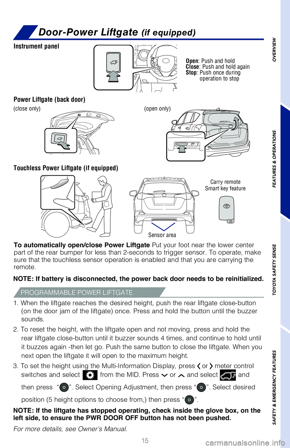 TOYOTA RAV4 HYBRID 2018   (in English) User Guide NOTE: If battery is disconnected, the power back door needs to be reinitialized.1. When the liftgate reaches the desired height, push the rear liftgate \
close-button  �	on the door �Kam of the �Miftg