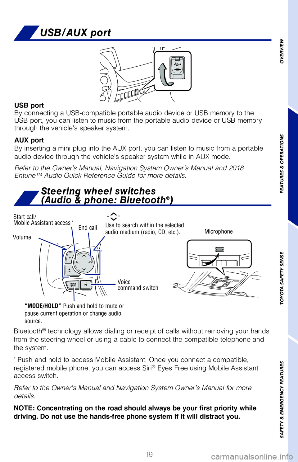 TOYOTA RAV4 HYBRID 2018   (in English) Owners Manual OVERVIEW
FEATURES & OPERATIONS
TOYOTA SAFETY SENSE
SAFETY & EMERGENCY FEATURES
19
�&�/�5�6�/�&�