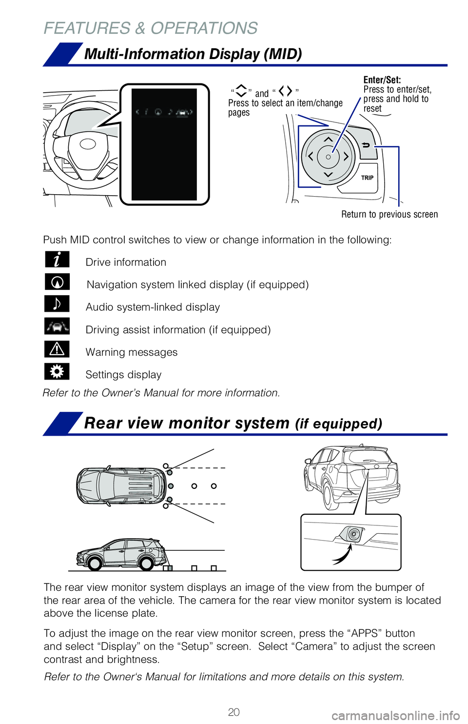 TOYOTA RAV4 HYBRID 2018   (in English) Owners Manual 20
Rear view monitor system (if equipped)
The rear view monitor system displays an image of the view from the bump\
er of 
the rear area of the vehicle. The camera for the rear view monitor syste\
m i
