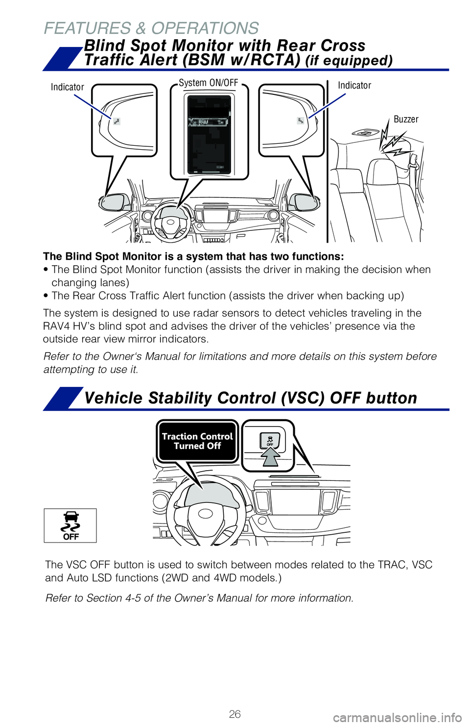 TOYOTA RAV4 HYBRID 2018   (in English) Owners Manual 26
FEATURES & OPERATIONS
Vehicle Stability Control (VSC) OFF button
The VSC OFF button is used to switch between modes related to the TRAC, \
VSC 
and Auto �-�4�% functions �	��8�% and ��8�% mode�Ms