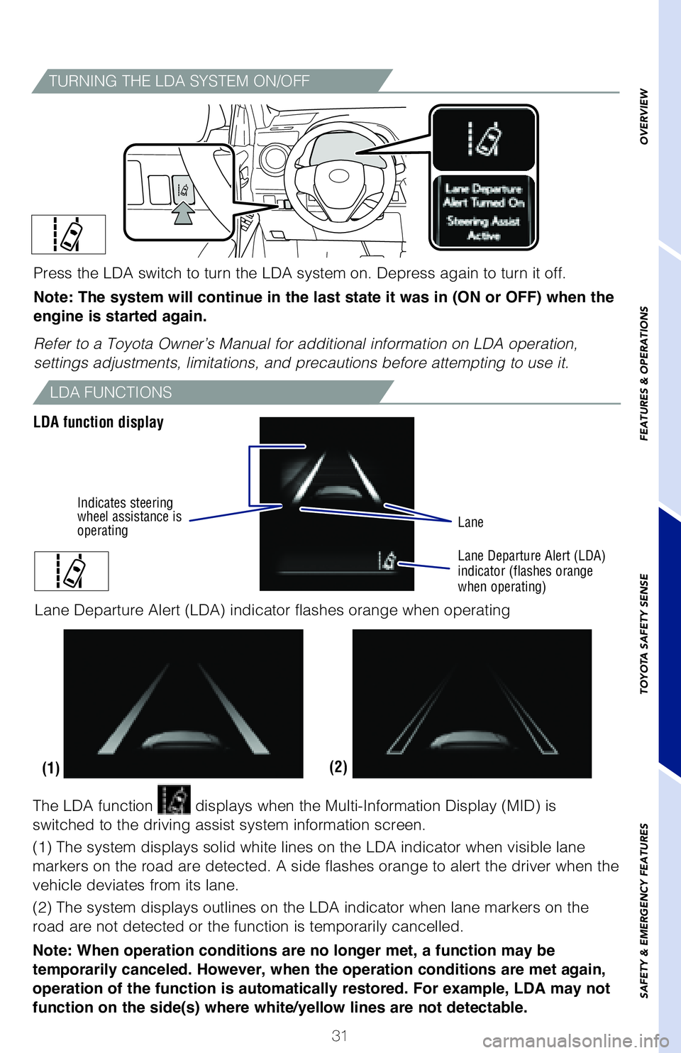 TOYOTA RAV4 HYBRID 2018 (in English) Owners Guide 31
OVERVIEW
FEATURES & OPERATIONS
TOYOTA SAFETY SENSE
SAFETY & EMERGENCY FEATURES
(1) Press “ ” switches and select from the Multi-Information Display (MID).
(2) Press “ ” switches and sele TOYOTA RAV4 HYBRID 2018 (in English) Owners Guide 31
OVERVIEW
FEATURES & OPERATIONS
TOYOTA SAFETY SENSE
SAFETY & EMERGENCY FEATURES
(1) Press “ ” switches and select from the Multi-Information Display (MID).
(2) Press “ ” switches and sele
