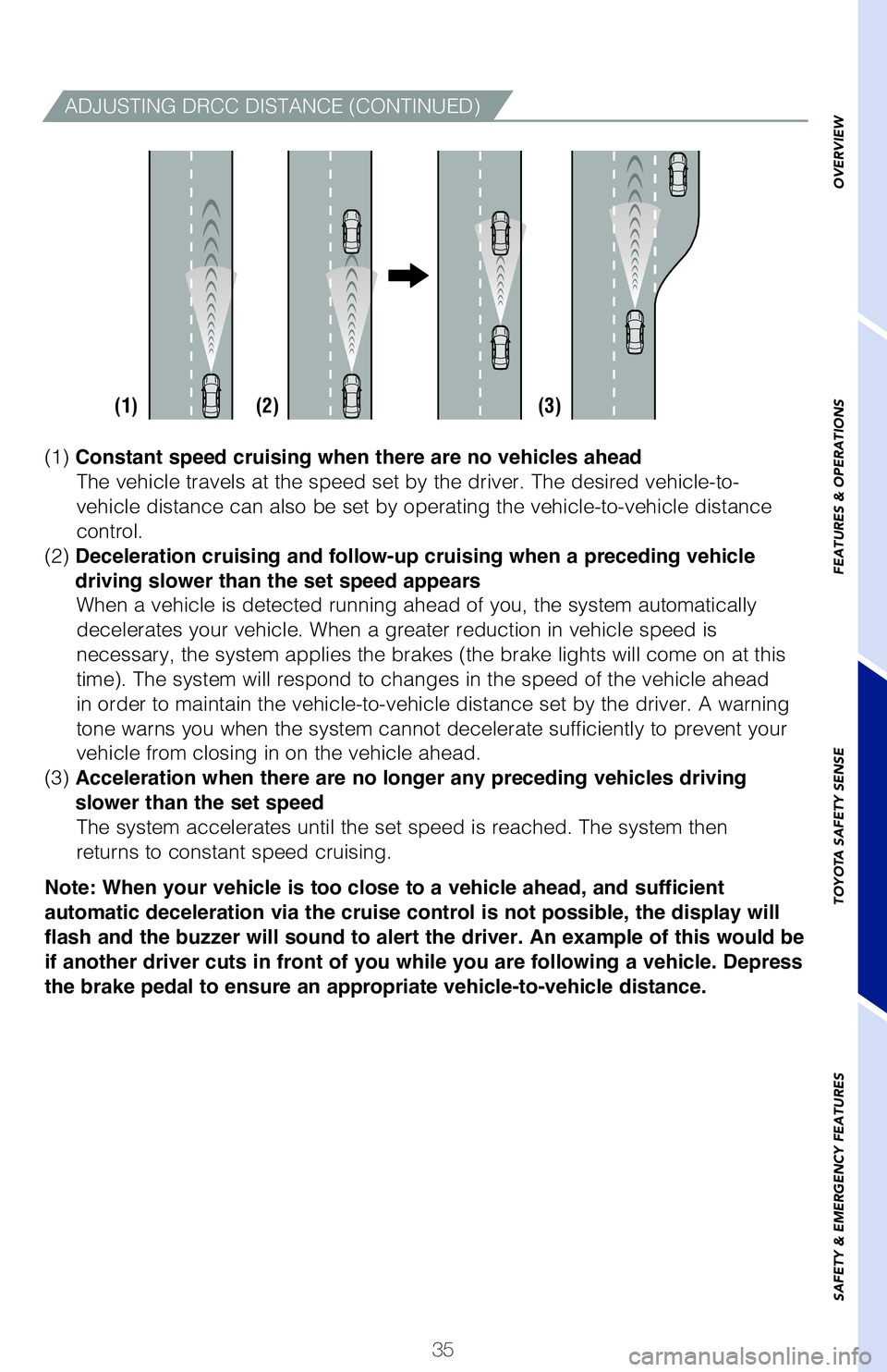 TOYOTA RAV4 HYBRID 2018   (in English) Owners Guide 35
OVERVIEW
FEATURES & OPERATIONS
TOYOTA SAFETY SENSE
SAFETY & EMERGENCY FEATURES
1  
The set speed may also be cancelled by depressing the brake pedal.
2 The set speed may be resumed once vehicle spe