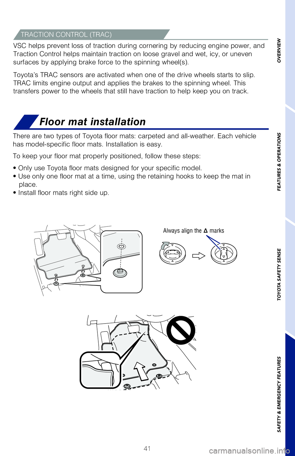 TOYOTA RAV4 HYBRID 2018   (in English) Service Manual 41
OVERVIEW
FEATURES & OPERATIONS
TOYOTA SAFETY SENSE
SAFETY & EMERGENCY FEATURES
Floor mat installation
�5here are two ty�Qes of �5oyota f�Moor mats� car�Qeted and a�M�M�weather. �&ach vehic�Me 
ha