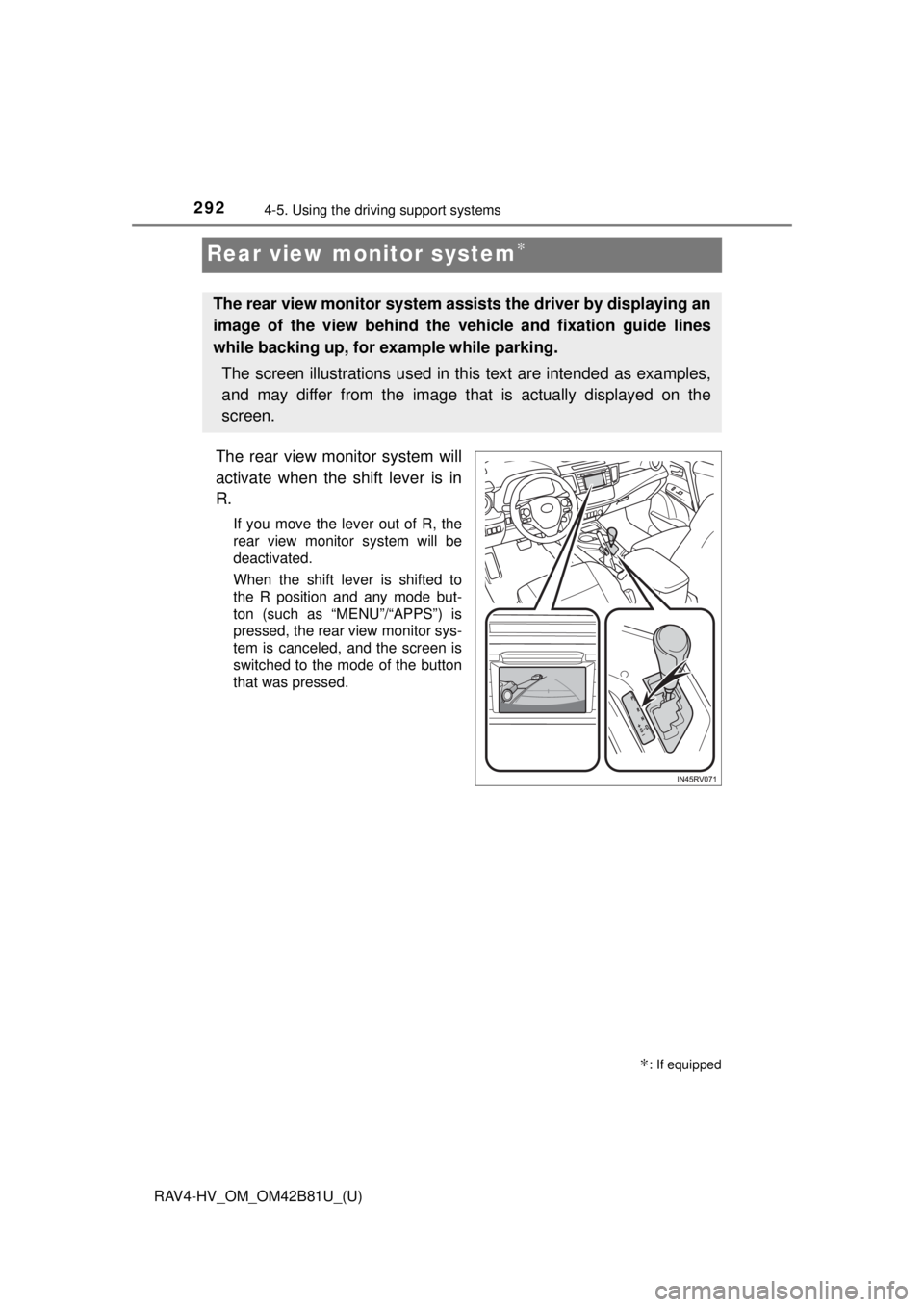 TOYOTA RAV4 HYBRID 2018  Owners Manual (in English) 292
RAV4-HV_OM_OM42B81U_(U)
4-5. Using the driving support systems
Rear view monitor system∗
The rear view monitor system will
activate when the shift lever is in
R.
If you move the lever out of R, 