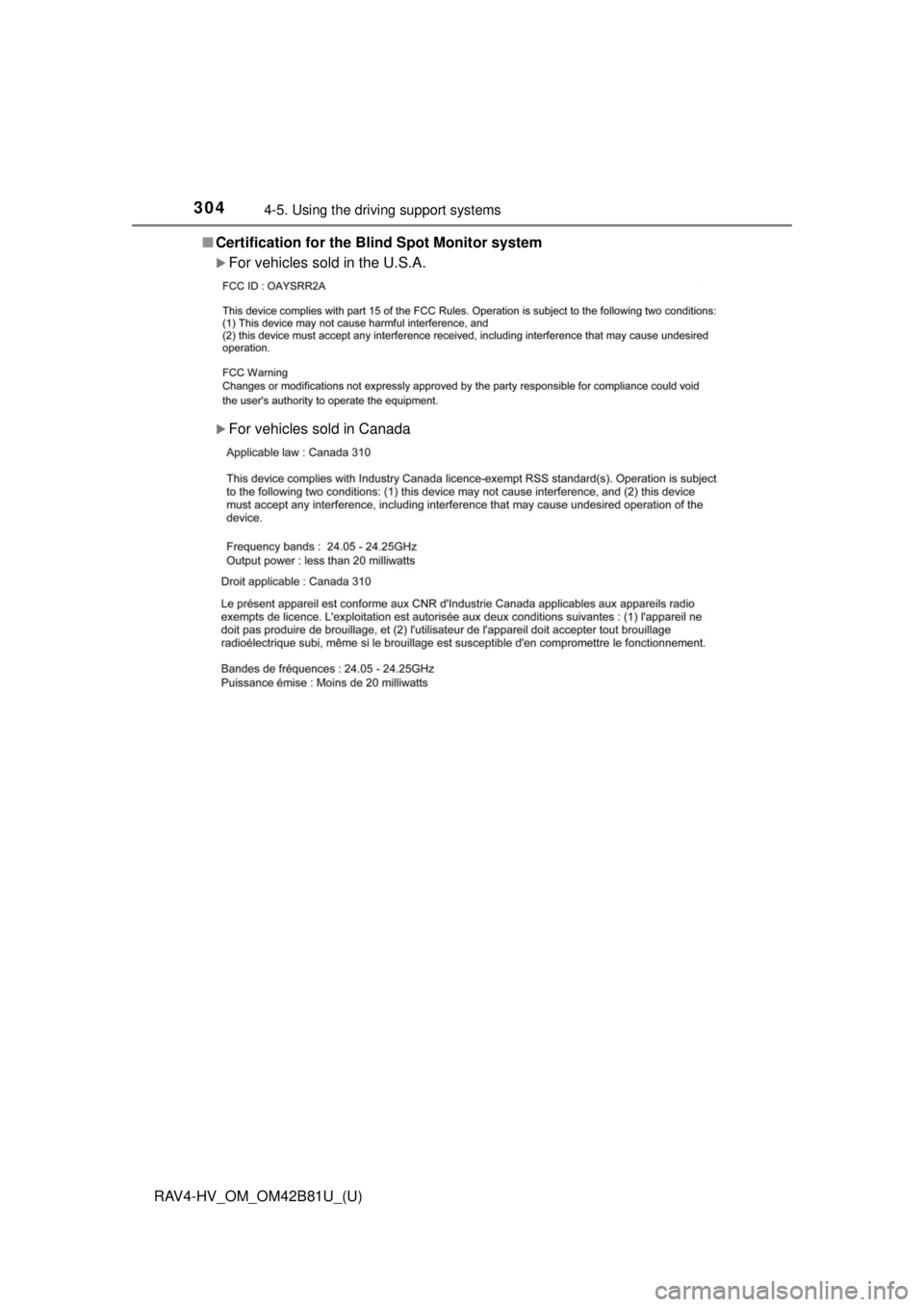 TOYOTA RAV4 HYBRID 2018  Owners Manual (in English) 304
RAV4-HV_OM_OM42B81U_(U)
4-5. Using the driving support systems
■Certification for the B lind Spot Monitor system
For vehicles sold in the U.S.A.
For vehicles sold in Canada 
