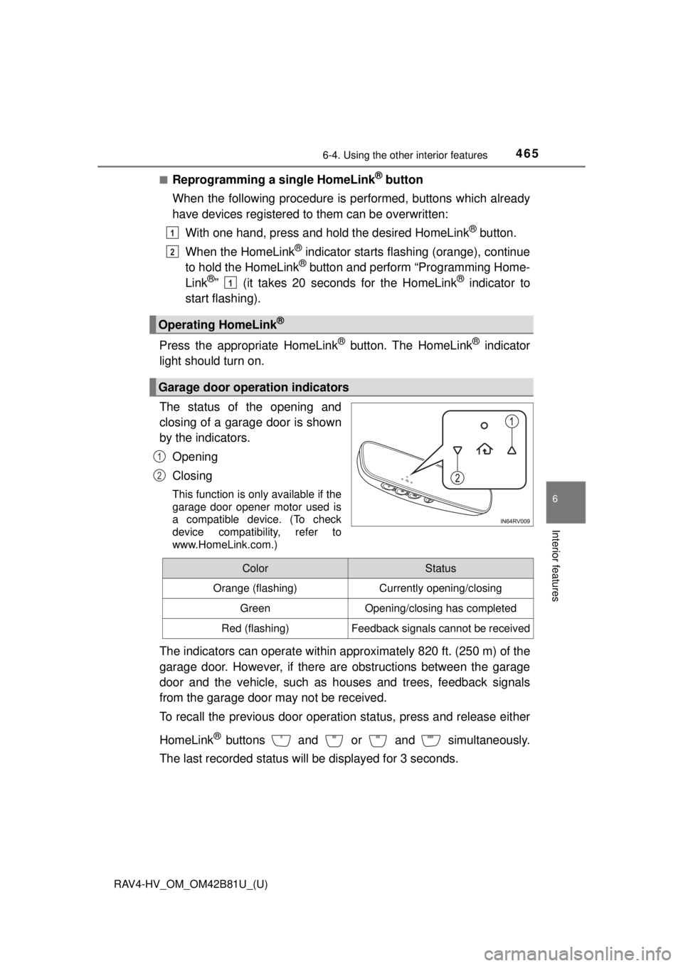 TOYOTA RAV4 HYBRID 2018  Owners Manual (in English) RAV4-HV_OM_OM42B81U_(U)
4656-4. Using the other interior features
6
Interior features
■Reprogramming a single HomeLink® button
When the following procedure is pe rformed, buttons which already
have