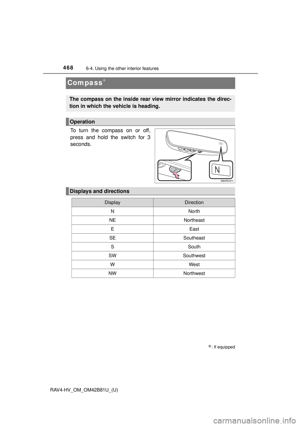 TOYOTA RAV4 HYBRID 2018  Owners Manual (in English) 468
RAV4-HV_OM_OM42B81U_(U)
6-4. Using the other interior features
Compass∗
To turn the compass on or off,
press and hold the switch for 3
seconds.
∗: If equipped
The compass on the inside rear vi