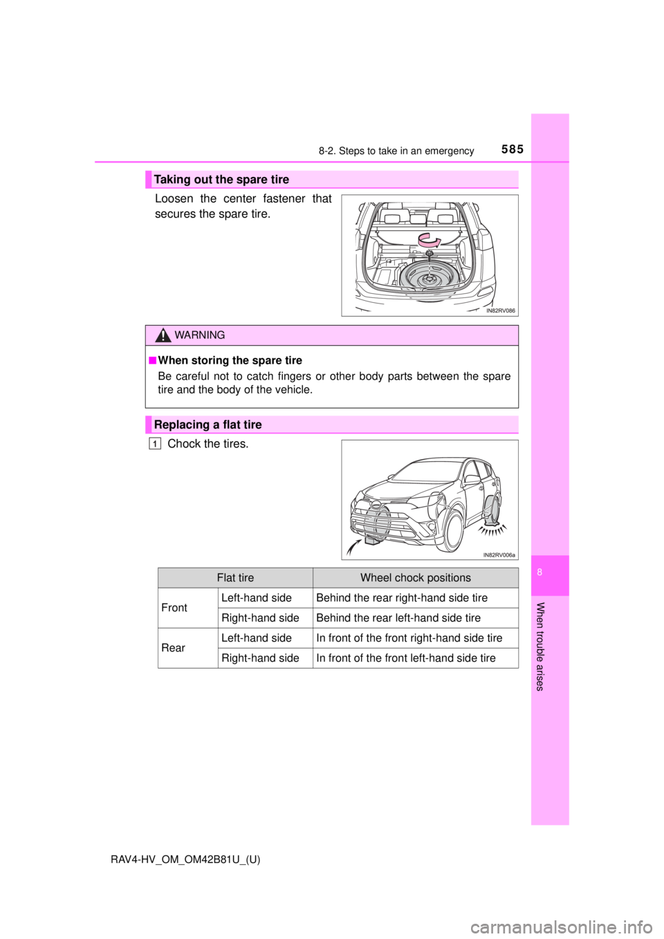 TOYOTA RAV4 HYBRID 2018 Owners Manual (in English) 5858-2. Steps to take in an emergency
RAV4-HV_OM_OM42B81U_(U)
8
When trouble arises
Loosen the center fastener that
secures the spare tire.Chock the tires.
Taking out the spare tire
WARNING
■When st TOYOTA RAV4 HYBRID 2018 Owners Manual (in English) 5858-2. Steps to take in an emergency
RAV4-HV_OM_OM42B81U_(U)
8
When trouble arises
Loosen the center fastener that
secures the spare tire.Chock the tires.
Taking out the spare tire
WARNING
■When st