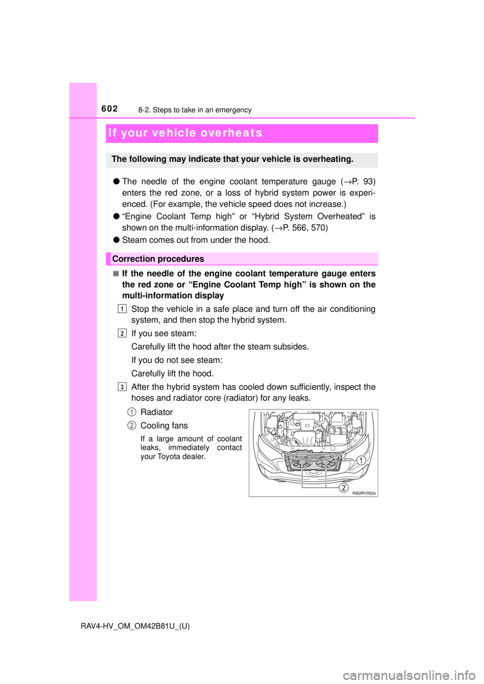 TOYOTA RAV4 HYBRID 2018 Owners Manual (in English) 602
RAV4-HV_OM_OM42B81U_(U)
8-2. Steps to take in an emergency
If your vehicle overheats
●The needle of the engine coolant temperature gauge ( →P. 9 3 )
enters the red zone, or a loss of hybrid s TOYOTA RAV4 HYBRID 2018 Owners Manual (in English) 602
RAV4-HV_OM_OM42B81U_(U)
8-2. Steps to take in an emergency
If your vehicle overheats
●The needle of the engine coolant temperature gauge ( →P. 9 3 )
enters the red zone, or a loss of hybrid s