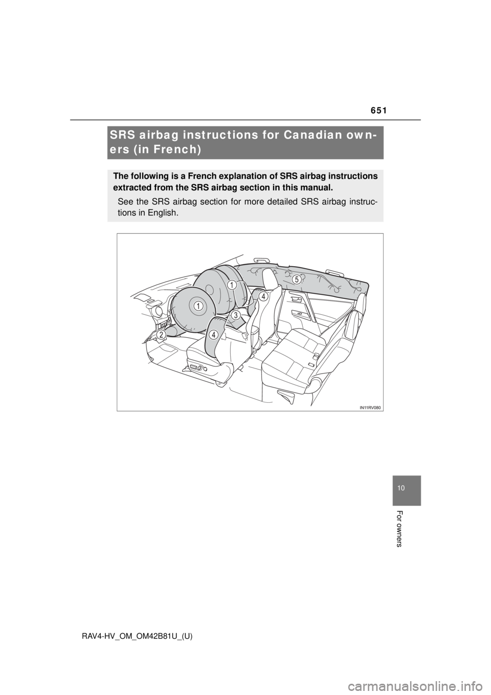 TOYOTA RAV4 HYBRID 2018  Owners Manual (in English) 651
RAV4-HV_OM_OM42B81U_(U)
10
For owners
SRS airbag instructions for Canadian own-
ers (in French)
The following is a French explanation of SRS airbag instructions
extracted from the SRS airbag secti