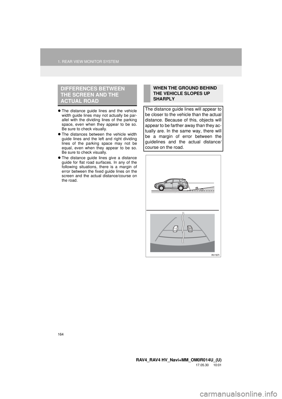 TOYOTA RAV4 HYBRID 2018 Accessories, Audio & Navigation (in English) 164
1. REAR VIEW MONITOR SYSTEM
RAV4_RAV4 HV_Navi+MM_OM0R014U_(U)
17.05.30 10:01
The distance guide lines and the vehicle
width guide lines may not actually be par-
allel with the dividing line TOYOTA RAV4 HYBRID 2018 Accessories, Audio & Navigation (in English) 164
1. REAR VIEW MONITOR SYSTEM
RAV4_RAV4 HV_Navi+MM_OM0R014U_(U)
17.05.30 10:01
The distance guide lines and the vehicle
width guide lines may not actually be par-
allel with the dividing line