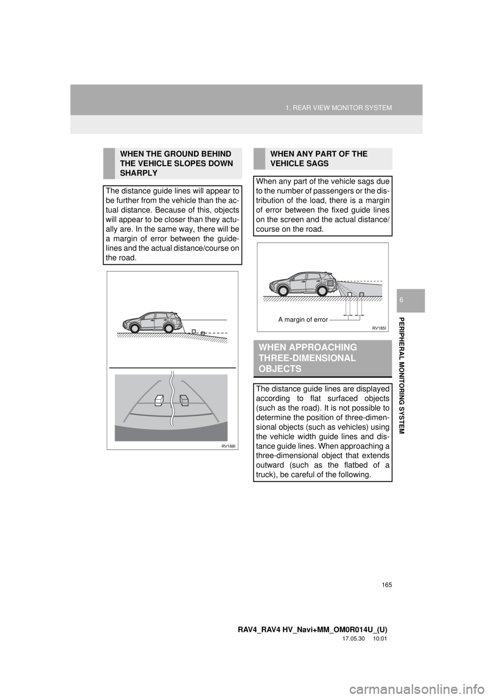 TOYOTA RAV4 HYBRID 2018 Accessories, Audio & Navigation (in English) 165
1. REAR VIEW MONITOR SYSTEM
RAV4_RAV4 HV_Navi+MM_OM0R014U_(U)
17.05.30 10:01
PERIPHERAL MONITORING SYSTEM
6
WHEN THE GROUND BEHIND
THE VEHICLE SLOPES DOWN
SHARPLY
The distance guide lines wi TOYOTA RAV4 HYBRID 2018 Accessories, Audio & Navigation (in English) 165
1. REAR VIEW MONITOR SYSTEM
RAV4_RAV4 HV_Navi+MM_OM0R014U_(U)
17.05.30 10:01
PERIPHERAL MONITORING SYSTEM
6
WHEN THE GROUND BEHIND
THE VEHICLE SLOPES DOWN
SHARPLY
The distance guide lines wi