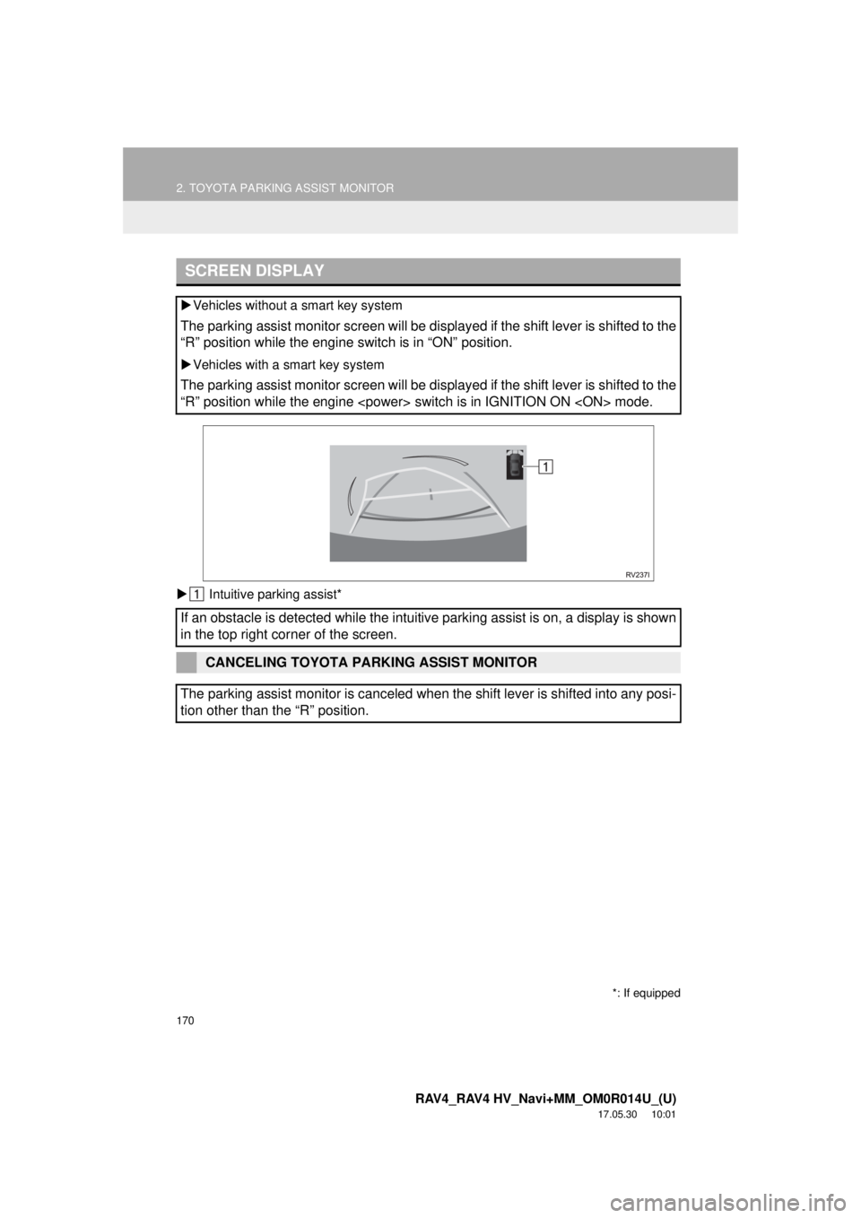 TOYOTA RAV4 HYBRID 2018 Accessories, Audio & Navigation (in English) 170
2. TOYOTA PARKING ASSIST MONITOR
RAV4_RAV4 HV_Navi+MM_OM0R014U_(U)
17.05.30 10:01
Intuitive parking assist*
SCREEN DISPLAY
Vehicles without a smart key system
The parking assist monitor TOYOTA RAV4 HYBRID 2018 Accessories, Audio & Navigation (in English) 170
2. TOYOTA PARKING ASSIST MONITOR
RAV4_RAV4 HV_Navi+MM_OM0R014U_(U)
17.05.30 10:01
Intuitive parking assist*
SCREEN DISPLAY
Vehicles without a smart key system
The parking assist monitor