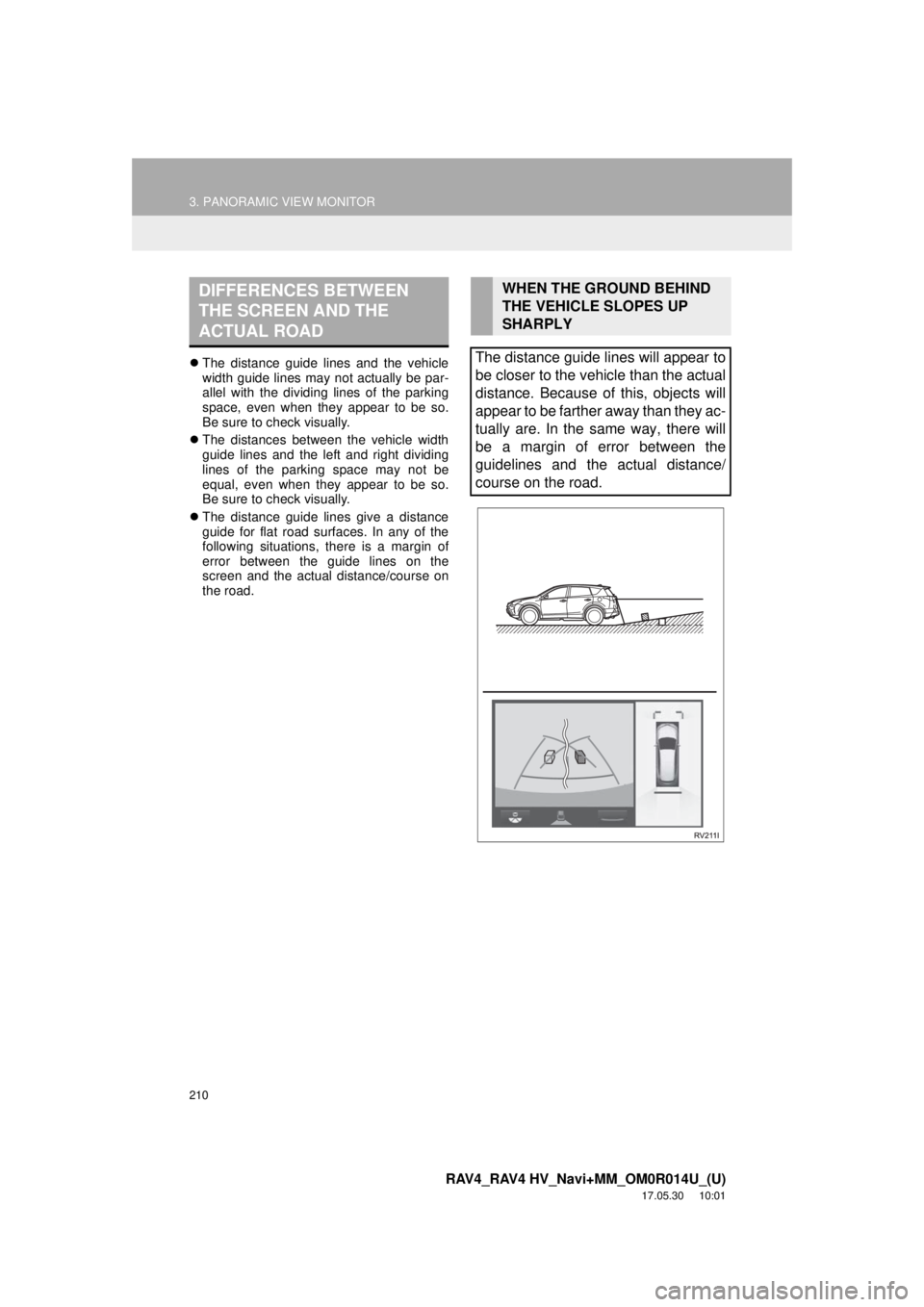 TOYOTA RAV4 HYBRID 2018 Accessories, Audio & Navigation (in English) 210
3. PANORAMIC VIEW MONITOR
RAV4_RAV4 HV_Navi+MM_OM0R014U_(U)
17.05.30 10:01
The distance guide lines and the vehicle
width guide lines may not actually be par-
allel with the dividing lines TOYOTA RAV4 HYBRID 2018 Accessories, Audio & Navigation (in English) 210
3. PANORAMIC VIEW MONITOR
RAV4_RAV4 HV_Navi+MM_OM0R014U_(U)
17.05.30 10:01
The distance guide lines and the vehicle
width guide lines may not actually be par-
allel with the dividing lines