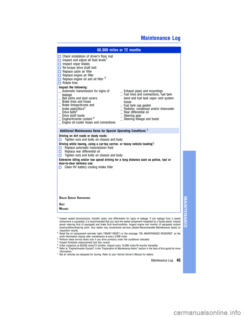 TOYOTA RAV4 HYBRID 2018  Warranties & Maintenance Guides (in English) JOBNAME: 2878017en-2018_RAV4h PAGE: 45 SESS: 6 OUTPUT: Tue Jul 11 12:12:19 2017
/InfoShareAuthorCODA/InfoShareAuthorCODA/TS_Warr_Maint/2878017-en-2018_RAV4h.00505-18WMG-RAVHV/TS_Warr_Maint_v1
60,000 m