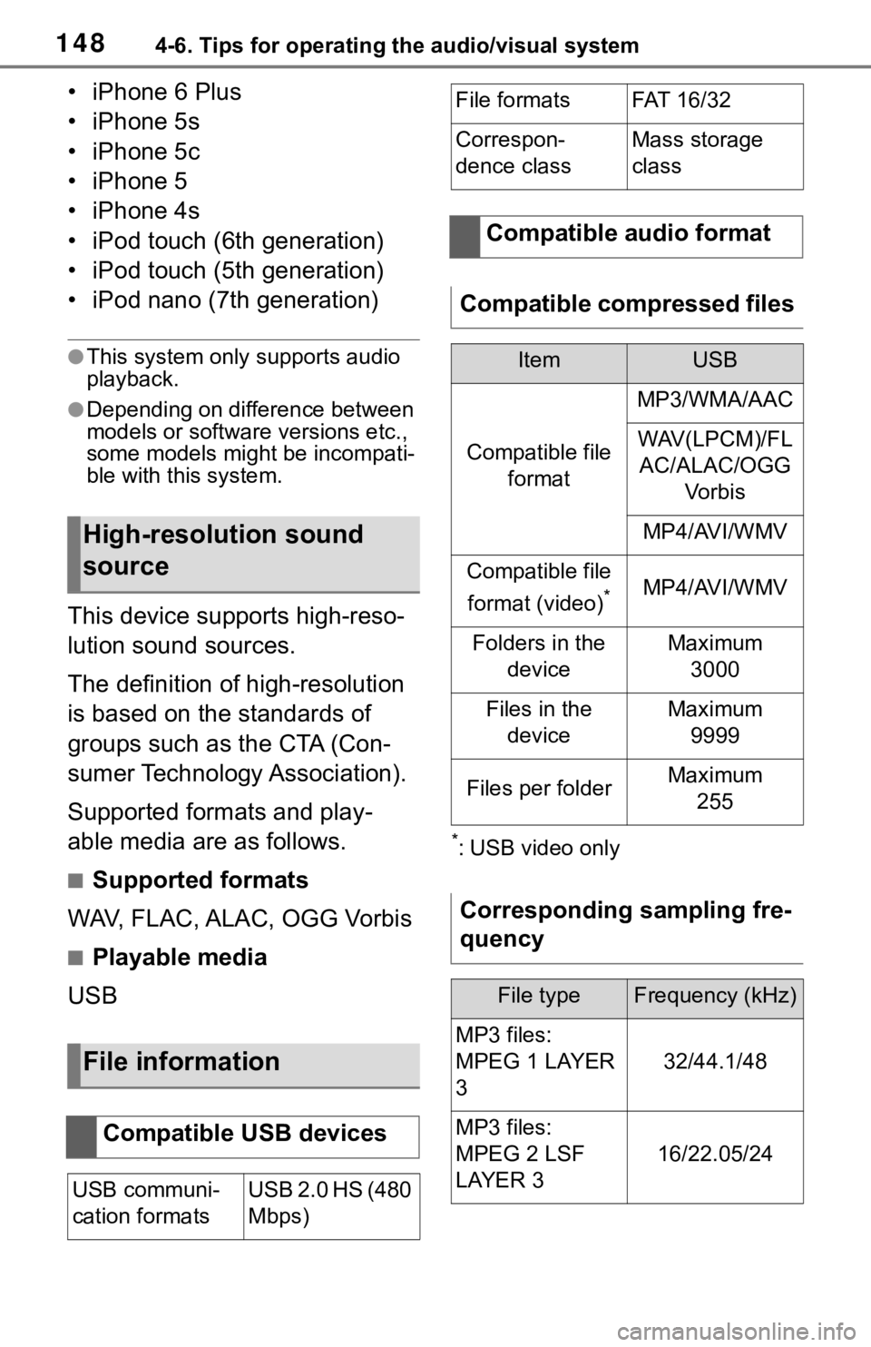 TOYOTA RAV4 HYBRID 2019  Accessories, Audio & Navigation (in English) 1484-6. Tips for operating the audio/visual system
• iPhone 6 Plus
• iPhone 5s
• iPhone 5c
• iPhone 5
• iPhone 4s
• iPod touch (6th generation)
• iPod touch (5th generation)
• iPod nan