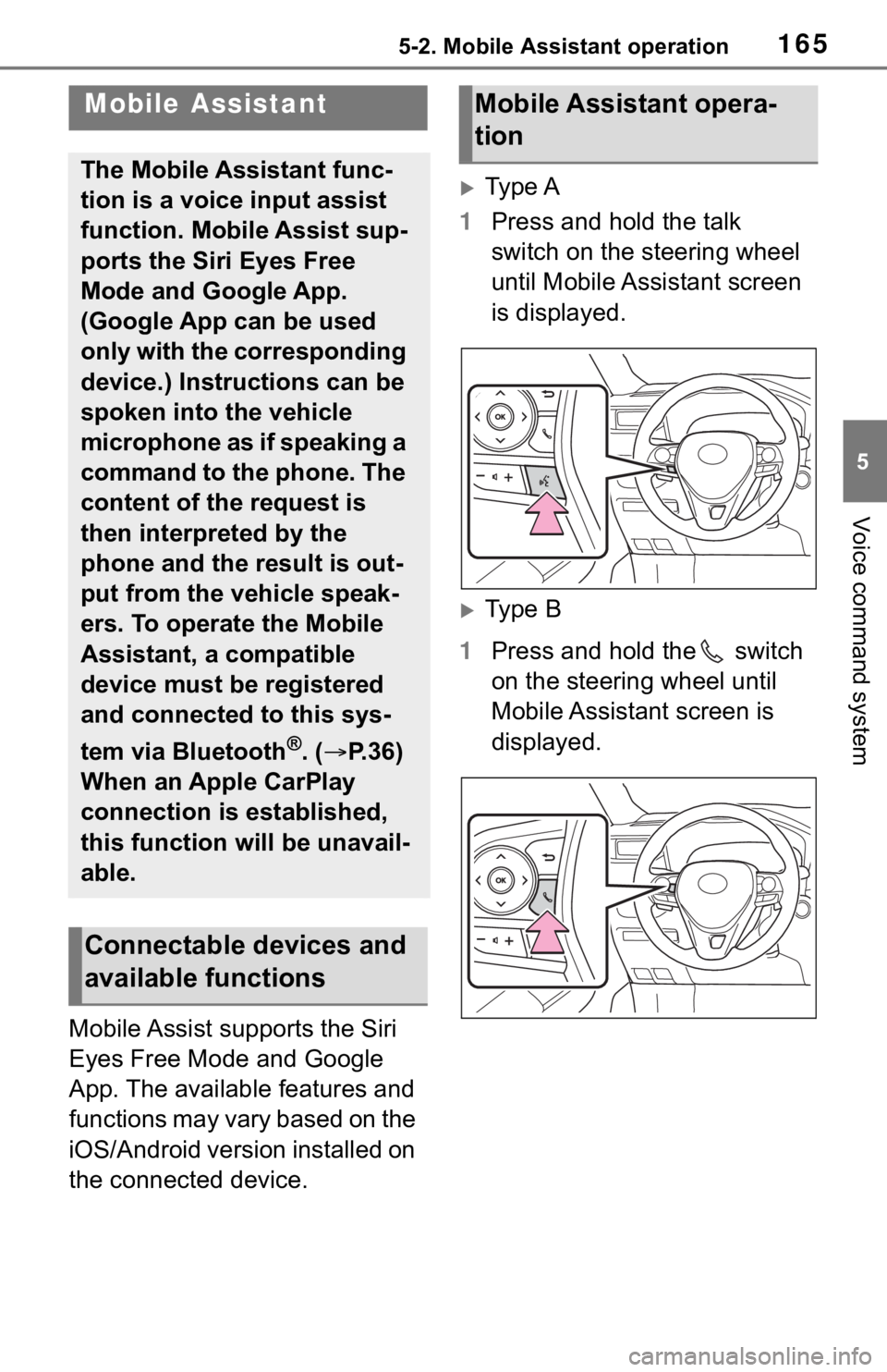 TOYOTA RAV4 HYBRID 2019 Accessories, Audio & Navigation (in English) 1655-2. Mobile Assistant operation
5
Voice command system
5-2.Mobile Assistant operation
Mobile Assist supports the Siri
Eyes Free Mode and Google
App. The available features and
functions may var TOYOTA RAV4 HYBRID 2019 Accessories, Audio & Navigation (in English) 1655-2. Mobile Assistant operation
5
Voice command system
5-2.Mobile Assistant operation
Mobile Assist supports the Siri
Eyes Free Mode and Google
App. The available features and
functions may var