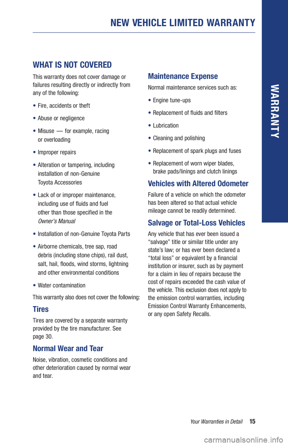 TOYOTA RAV4 HYBRID 2019 Warranties & Maintenance Guides (in English) 15Your Warranties in Detail
WARR ANT Y
NEW VEHICLE LIMITED WARRANTY
WHAT IS NOT COVERED
This warranty does not cover damage or
failures resulting directly or indirectly from
any of the followin TOYOTA RAV4 HYBRID 2019 Warranties & Maintenance Guides (in English) 15Your Warranties in Detail
WARR ANT Y
NEW VEHICLE LIMITED WARRANTY
WHAT IS NOT COVERED
This warranty does not cover damage or
failures resulting directly or indirectly from
any of the followin