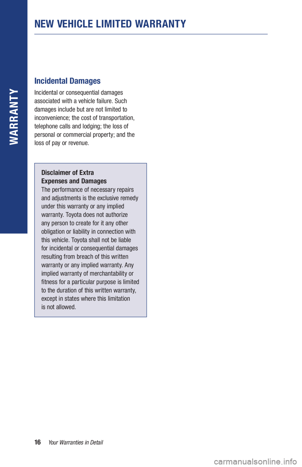 TOYOTA RAV4 HYBRID 2019 Warranties & Maintenance Guides (in English) 16Your Warranties in Detail
WARR ANT Y
Incidental Damages
Incidental or consequential damages
associated with a vehicle failure. Such
damages include but are not limited to
inconvenience; the c TOYOTA RAV4 HYBRID 2019 Warranties & Maintenance Guides (in English) 16Your Warranties in Detail
WARR ANT Y
Incidental Damages
Incidental or consequential damages
associated with a vehicle failure. Such
damages include but are not limited to
inconvenience; the c