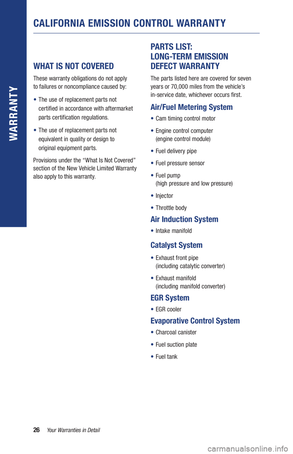 TOYOTA RAV4 HYBRID 2019 Warranties & Maintenance Guides (in English) 26Your Warranties in Detail
WARR ANT Y
WHAT IS NOT COVERED
These warranty obligations do not apply
to failures or noncompliance caused by:
• The use of replacement parts not
certified in a TOYOTA RAV4 HYBRID 2019 Warranties & Maintenance Guides (in English) 26Your Warranties in Detail
WARR ANT Y
WHAT IS NOT COVERED
These warranty obligations do not apply
to failures or noncompliance caused by:
• The use of replacement parts not
certified in a