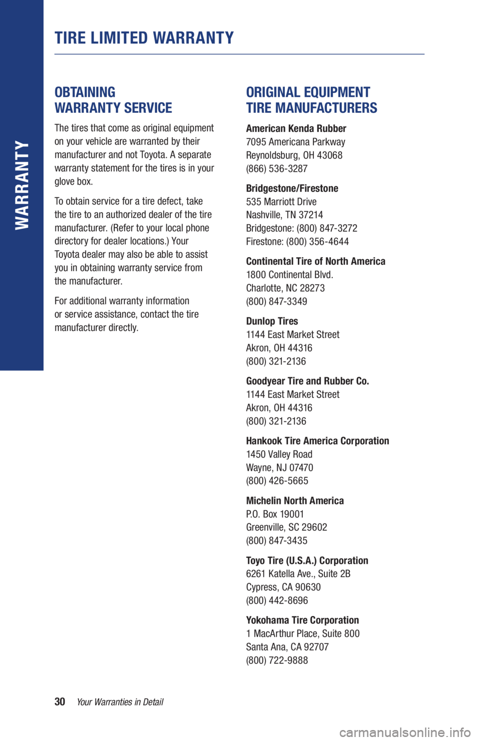 TOYOTA RAV4 HYBRID 2019 Warranties & Maintenance Guides (in English) 30Your Warranties in Detail
WARR ANT Y
TIRE LIMITED WARRANTY
OBTAINING
WARRANTY SERVICE
The tires that come as original equipment
on your vehicle are warranted by their
manufacturer and not To TOYOTA RAV4 HYBRID 2019 Warranties & Maintenance Guides (in English) 30Your Warranties in Detail
WARR ANT Y
TIRE LIMITED WARRANTY
OBTAINING
WARRANTY SERVICE
The tires that come as original equipment
on your vehicle are warranted by their
manufacturer and not To