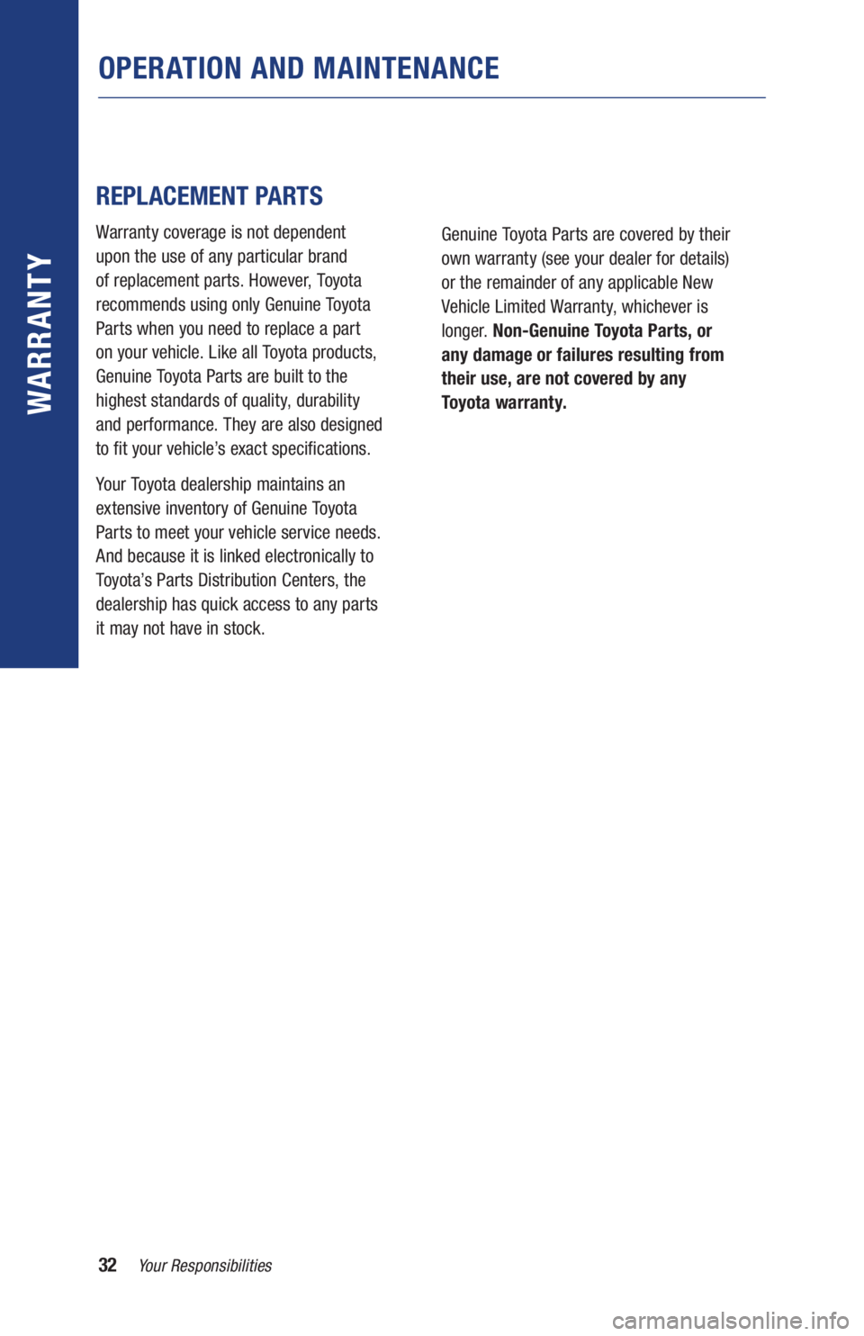 TOYOTA RAV4 HYBRID 2019 Warranties & Maintenance Guides (in English) 32Your Responsibilities
WARR ANT Y
OPERATION AND MAINTENANCE
REPLACEMENT PARTS
Warranty coverage is not dependent
upon the use of any particular brand
of replacement parts. However, Toyota
r TOYOTA RAV4 HYBRID 2019 Warranties & Maintenance Guides (in English) 32Your Responsibilities
WARR ANT Y
OPERATION AND MAINTENANCE
REPLACEMENT PARTS
Warranty coverage is not dependent
upon the use of any particular brand
of replacement parts. However, Toyota
r