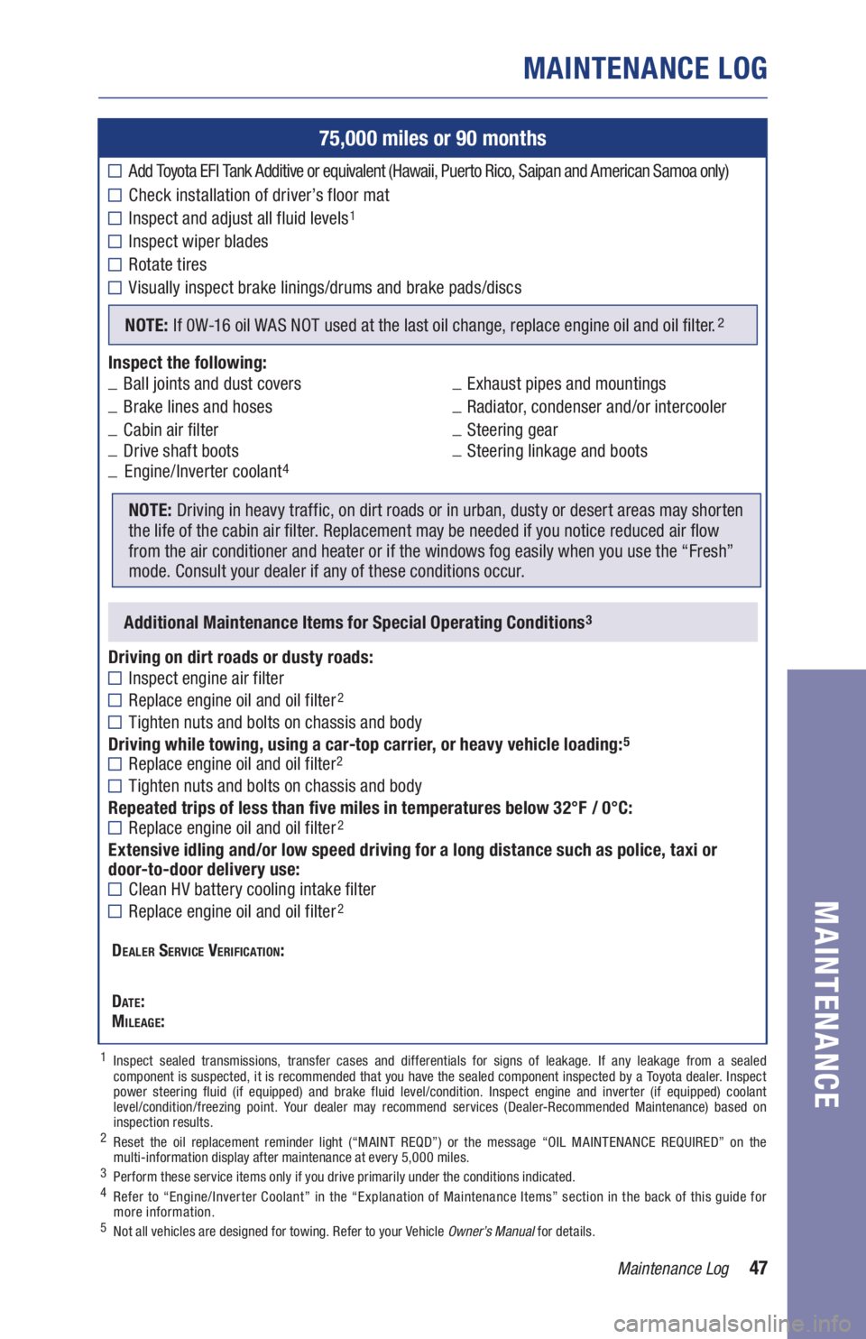 TOYOTA RAV4 HYBRID 2019  Warranties & Maintenance Guides (in English) 47Maintenance Log
75,000 miles or 90 months
Add Toyota EFI Tank Additive or equivalent (Hawaii, Puerto Rico, Saipan and American Samoa only) 
Check installation of driver’s floor mat
Inspect and adj