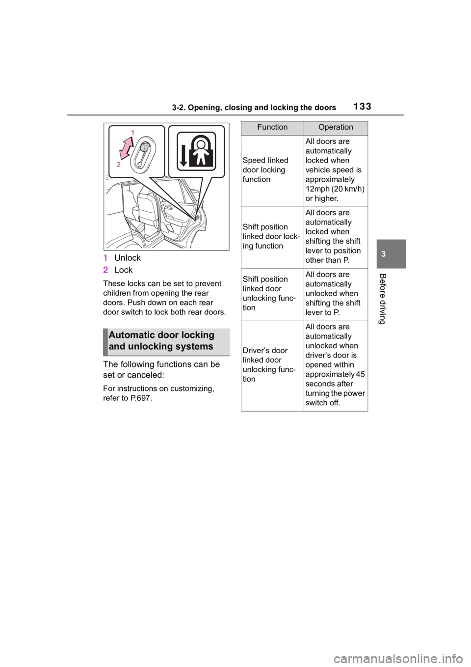 TOYOTA RAV4 HYBRID 2020 Owners Manual (in English) 1333-2. Opening, closing and locking the doors
3
Before driving
1Unlock
2 Lock
These locks can be set to prevent
children from opening the rear
doors. Push down on each rear
door switch to lock bot TOYOTA RAV4 HYBRID 2020 Owners Manual (in English) 1333-2. Opening, closing and locking the doors
3
Before driving
1Unlock
2 Lock
These locks can be set to prevent
children from opening the rear
doors. Push down on each rear
door switch to lock bot