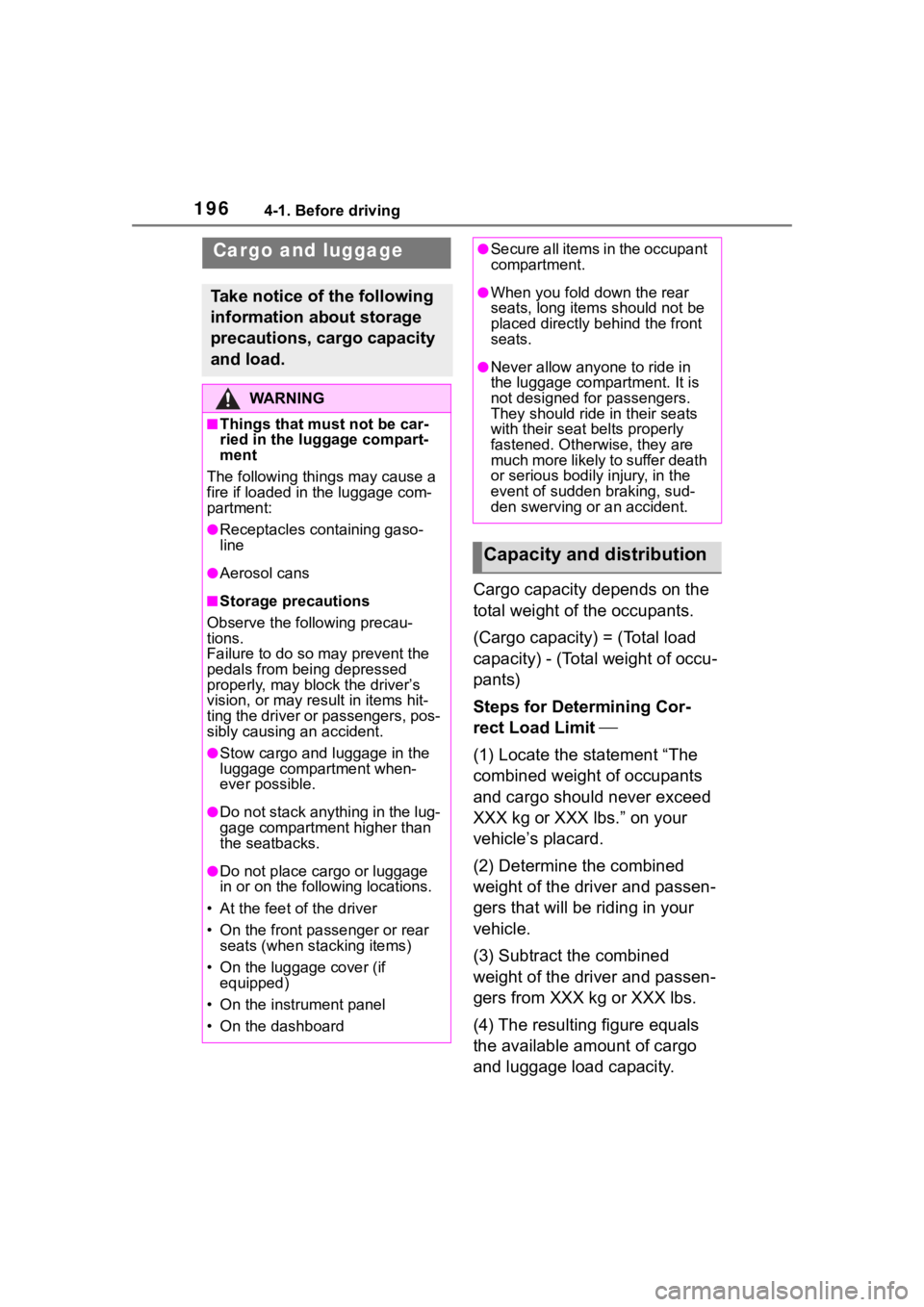 TOYOTA RAV4 HYBRID 2020 Owners Manual (in English) 1964-1. Before driving
Cargo capacity depends on the
total weight of the occupants.
(Cargo capacity) = (Total load
capacity) - (Total weight of occu-
pants)
Steps for Determining Cor-
rect Load Limi TOYOTA RAV4 HYBRID 2020 Owners Manual (in English) 1964-1. Before driving
Cargo capacity depends on the
total weight of the occupants.
(Cargo capacity) = (Total load
capacity) - (Total weight of occu-
pants)
Steps for Determining Cor-
rect Load Limi