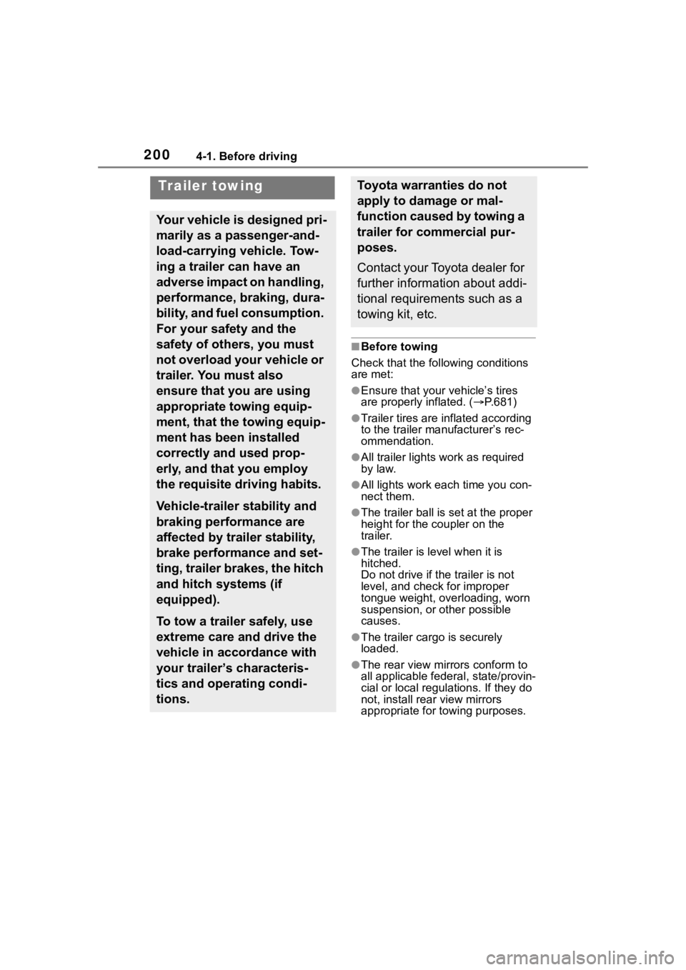 TOYOTA RAV4 HYBRID 2020 Owners Manual (in English) 2004-1. Before driving
■Before towing
Check that the fo llowing conditions
are met:
●Ensure that your vehicle’s tires
are properly inflated. ( P.681)
●Trailer tires are inflated according TOYOTA RAV4 HYBRID 2020 Owners Manual (in English) 2004-1. Before driving
■Before towing
Check that the fo llowing conditions
are met:
●Ensure that your vehicle’s tires
are properly inflated. ( P.681)
●Trailer tires are inflated according
