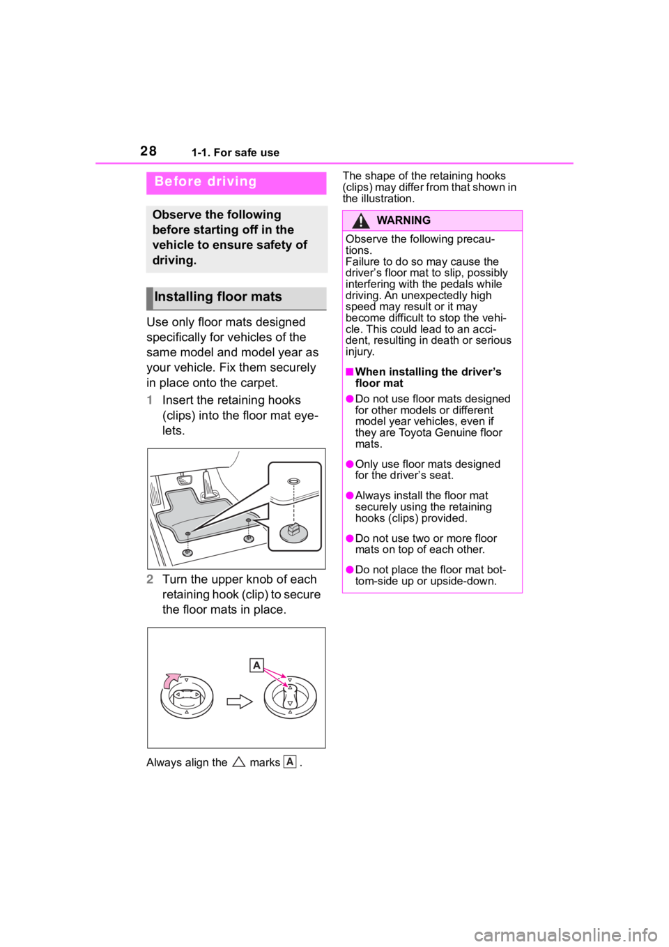 TOYOTA RAV4 HYBRID 2020  Owners Manual (in English) 281-1. For safe use
1-1.For safe use
Use only floor mats designed 
specifically for vehicles of the 
same model and model year as 
your vehicle. Fix them securely 
in place onto the carpet.
1 Insert t