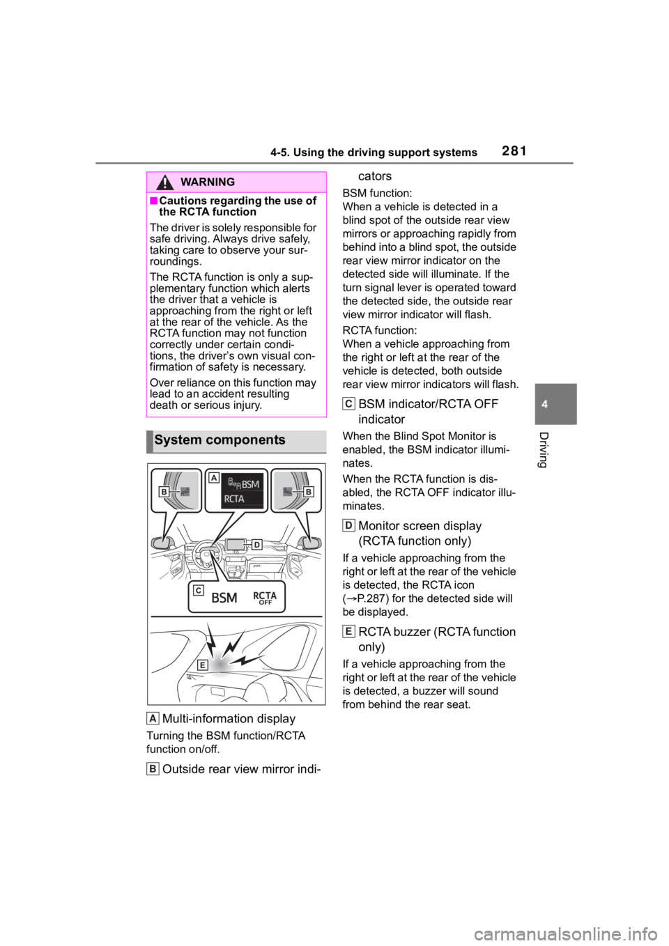 TOYOTA RAV4 HYBRID 2020  Owners Manual (in English) 2814-5. Using the driving support systems
4
Driving
Multi-information display
Turning the BSM function/RCTA 
function on/off.
Outside rear view mirror indi-cators
BSM function:
When a vehicle is detec